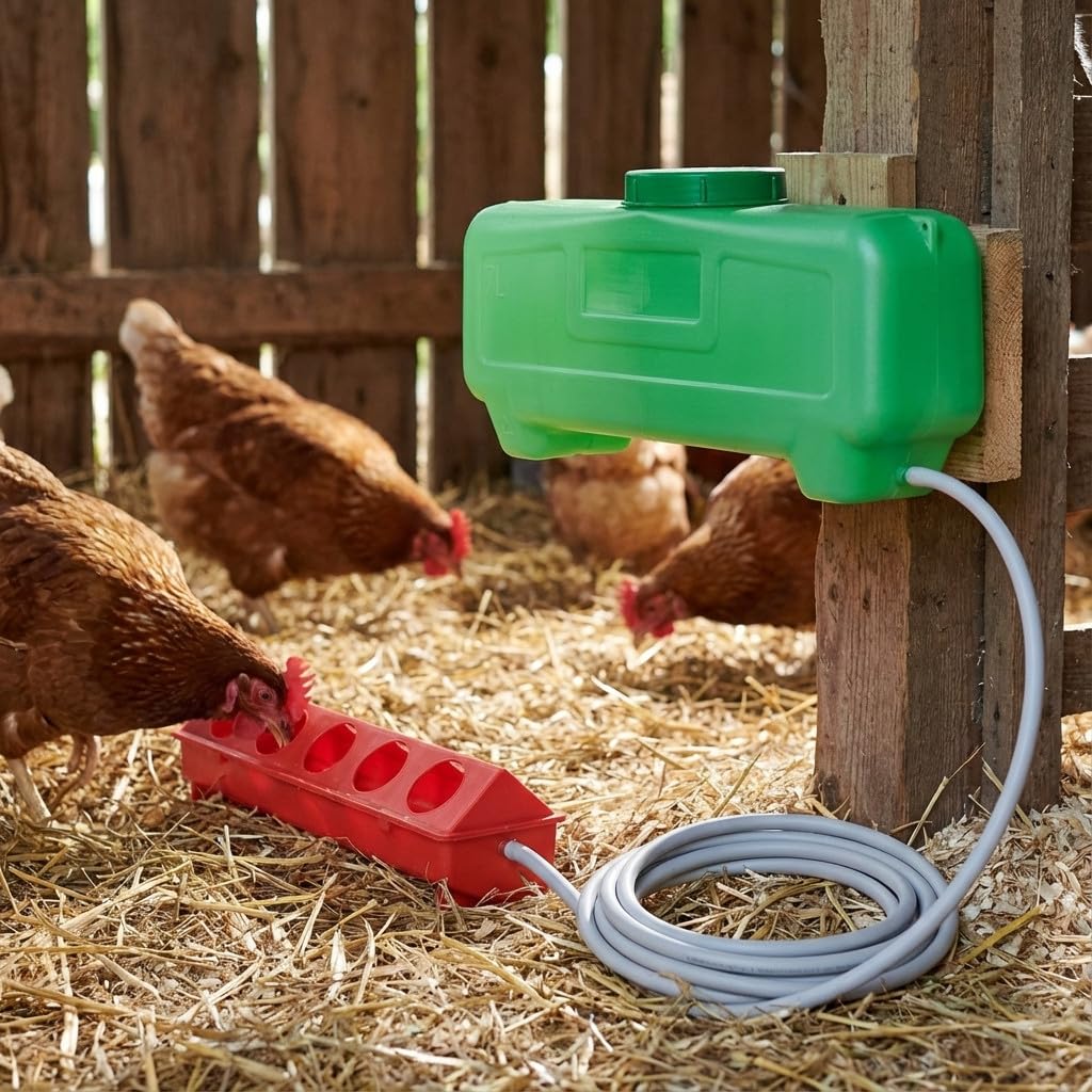 Suinga Kit Bebedero Automático para Gallinas, Palomas y Aves 7 Litros | 50x12x13 cm | Incluye Depósito, Bebedero, Tubería Flexible 25m | 4 Entradas de Agua | Fácil Limpieza y Regulación