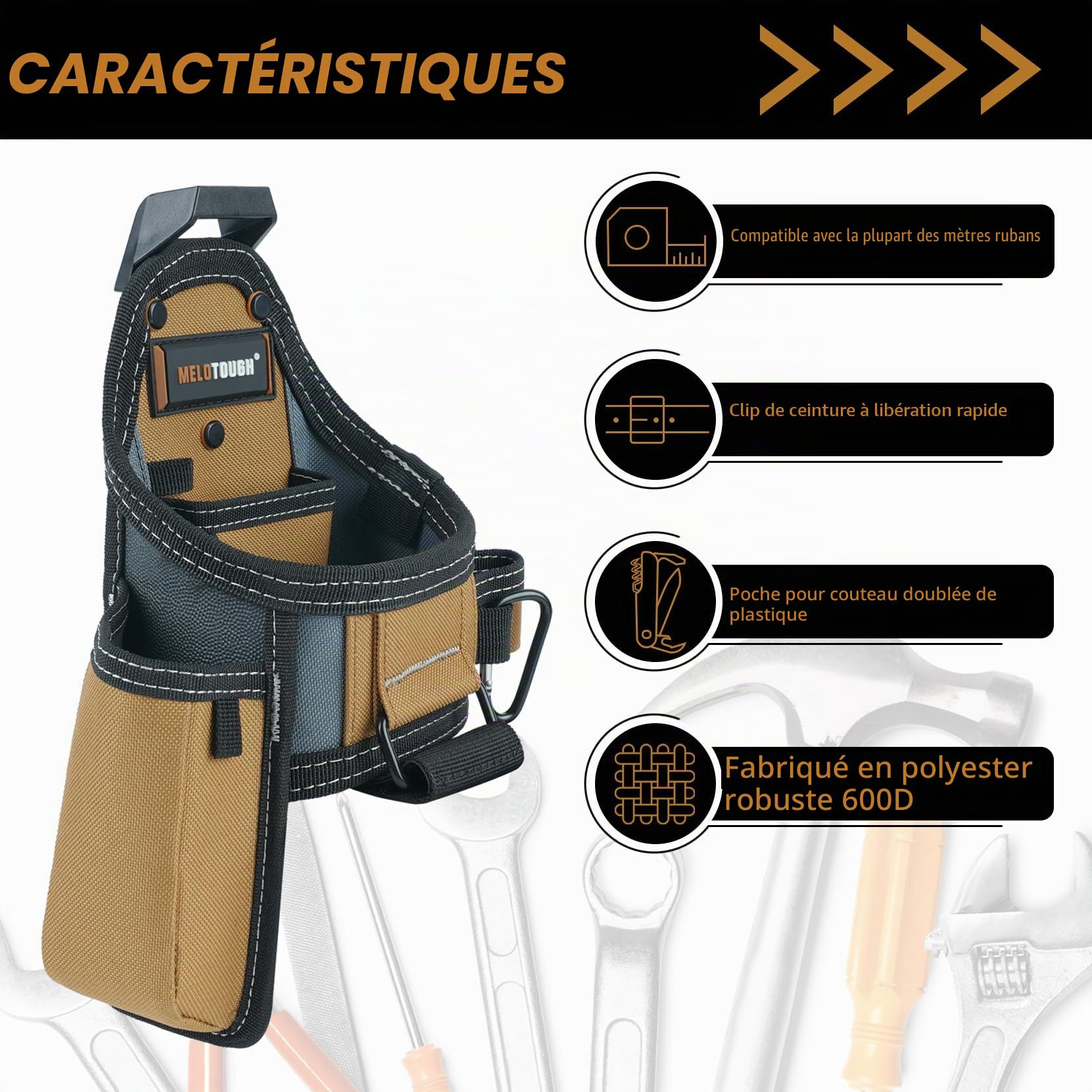 MELOTOUGH Pochette à ruban à mesurer/pochette à couteau utilitaire avec clip de ceinture, support de poche à clip pour couteau pour électrice/charpentier/entrepreneur/technicien