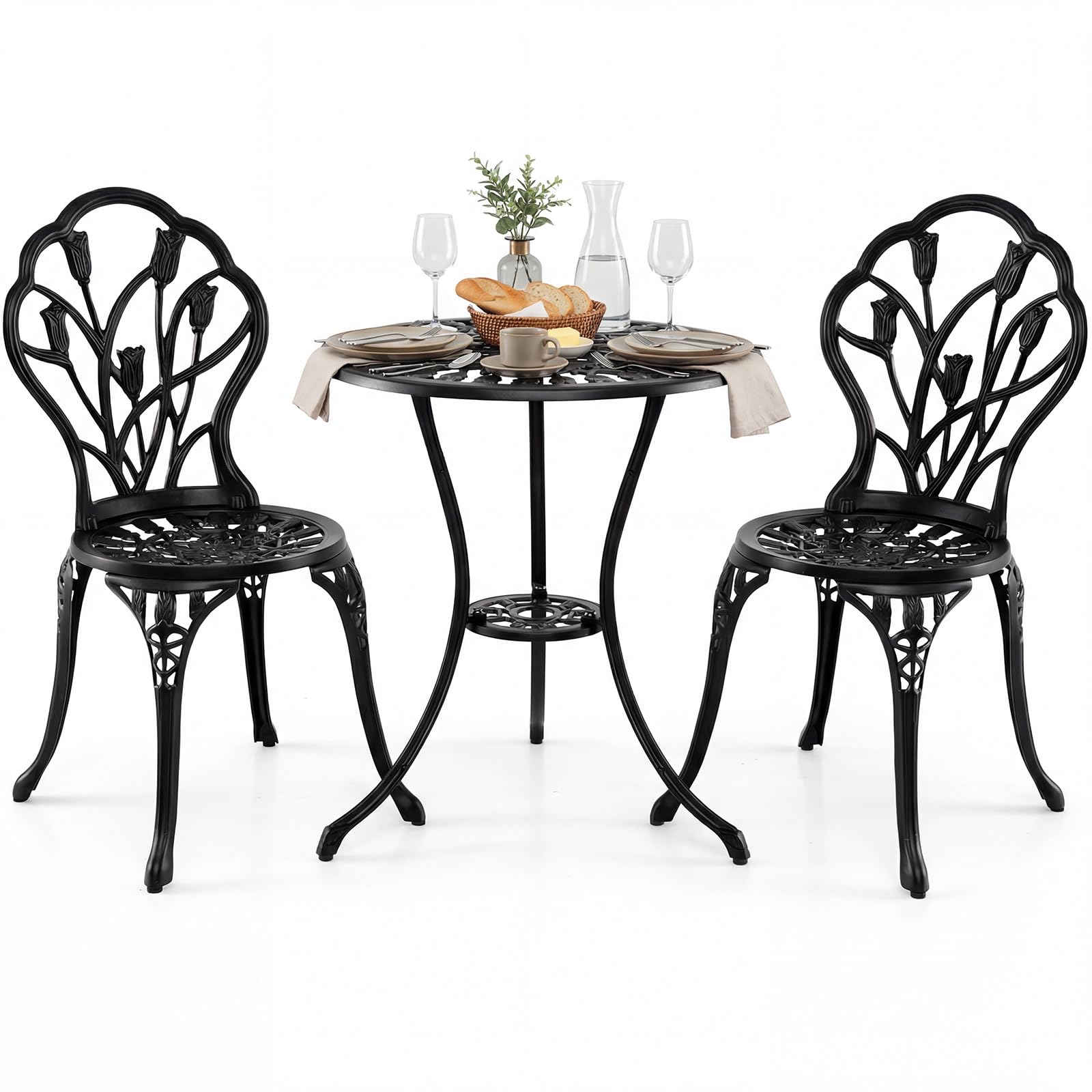 COSTWAY 3 Pieces Patio Bistro Set, Cast Aluminum Weather Resistant Table and Chairs with Umbrella Hole, Antique Garden Furniture Set Outdoor Dining Set (Black, Tulip Pattern)
