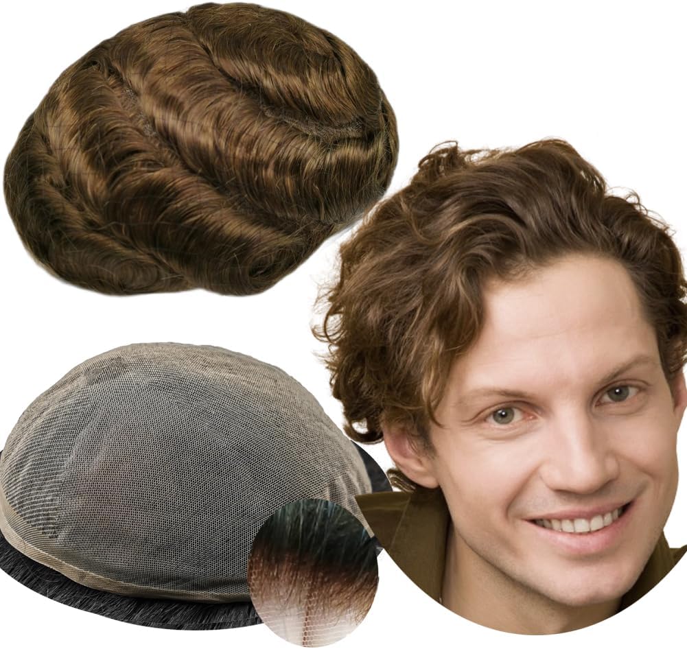 Toupee for Men men hair pieces Mens Toupee Human Hair Replacement System mens lace hairpiece 100% European Real Human Hair Men Breathable Fine French Lace Hair System (#4 Light Brown 8x10")