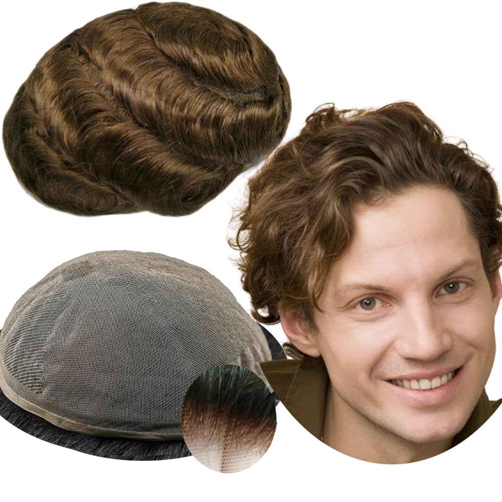 YANAHAIR Toupee for Men men hair pieces Mens Toupee Human Hair Replacement System mens lace hairpiece 100% European Real Human Hair Men Breathable Fine French Lace Hair System (#4 Light Brown 8x10")