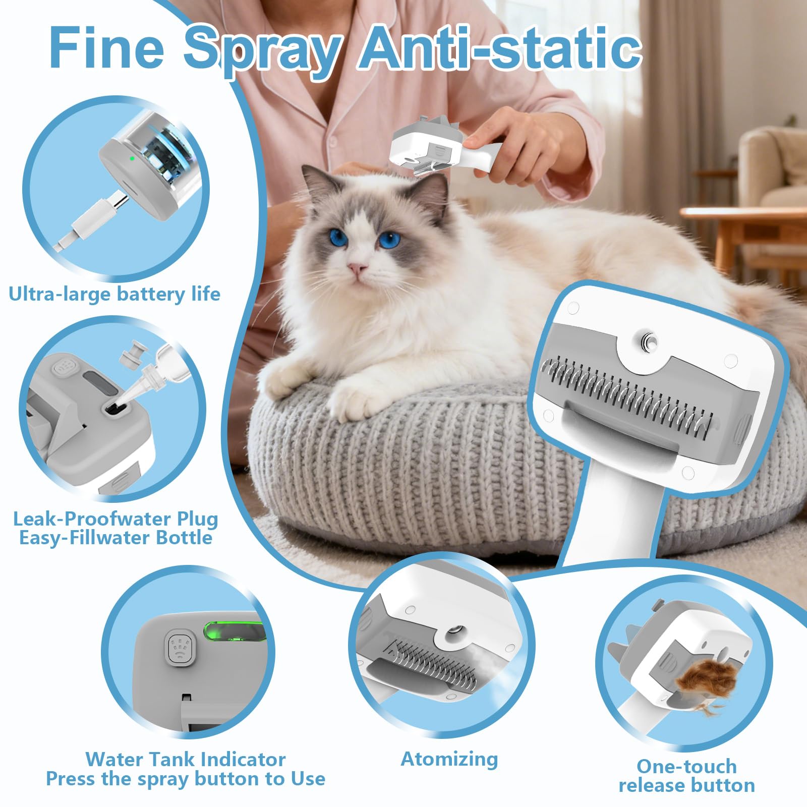 Spazzola a vapore 5 in 1 per cani e gatti, autopulente, 3 spazzole per animali domestici, per levigare, sfoltire, spargere, toelettatura e depilazione, include shampoo e custodia (18,5 cm)