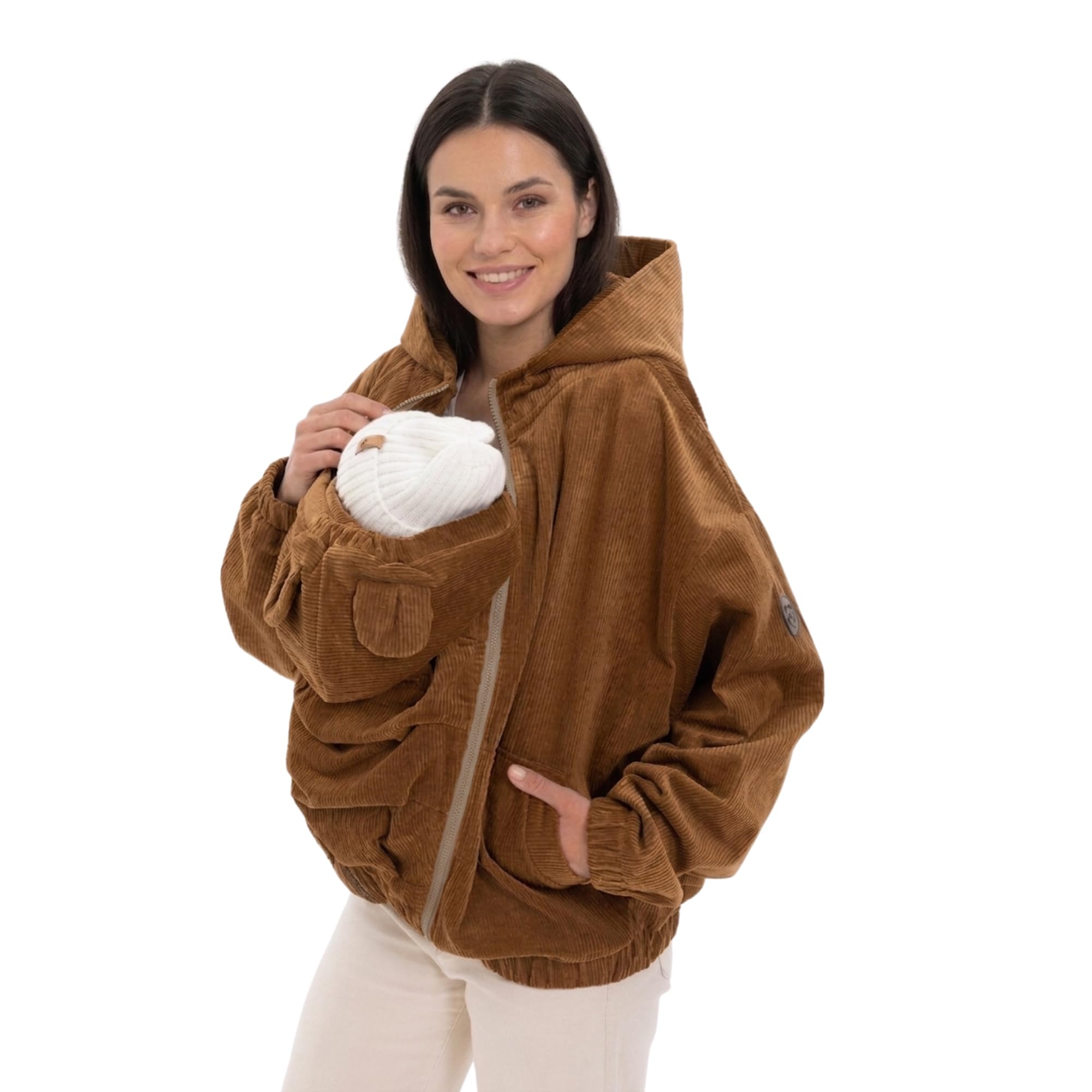 fun2bemum Cordjacke 3 in 1 Tragejacke Baby Umstandsjacke Oversize Herbstjacke für Mama mit Babytrage aus Baumwolle mit Einsatz (Groß, Toffee)