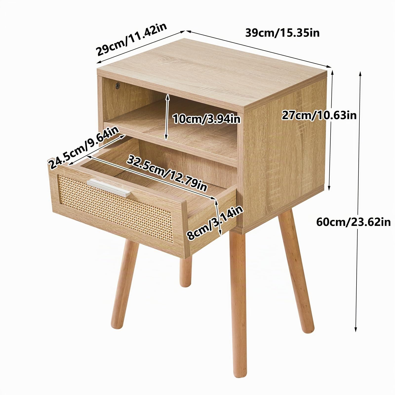 IBUYKE Nachttisch Rattan,Boho Beistelltisch mit Schublade,Natur WNS009N | Holz Nachtschrank mit Offenes Regal,Sofatisch,Couchtisch mit Beinen für Schlafzimmer,Wohnzimmer,Arbeitszimmer
