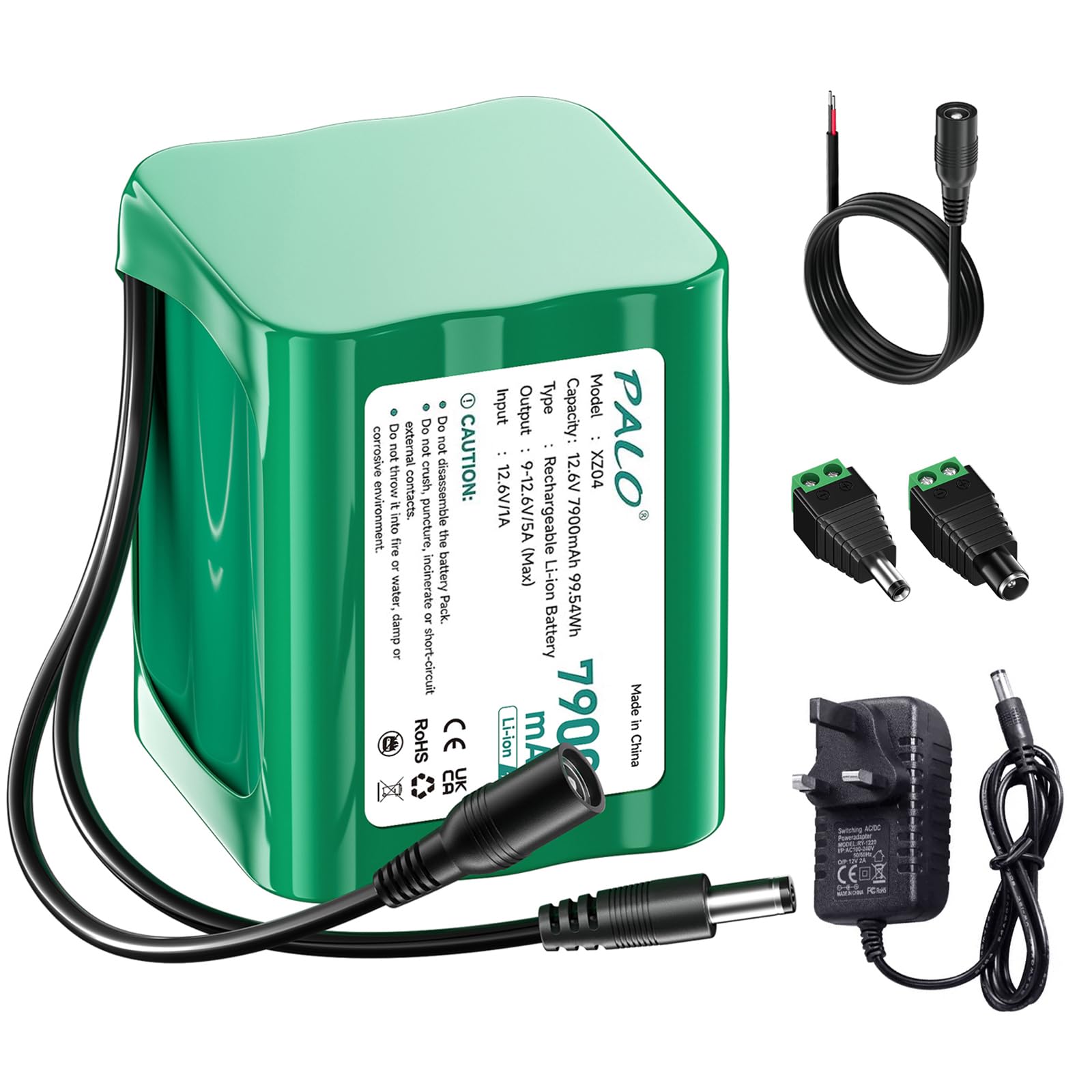 Batería de 12,6 V 7900 mAh CC con cargador para cable de conexión de 12 V, adaptador de red y adaptador de red de coche, para tira de iluminación LED, reproductor de MP3, router, bricolaje