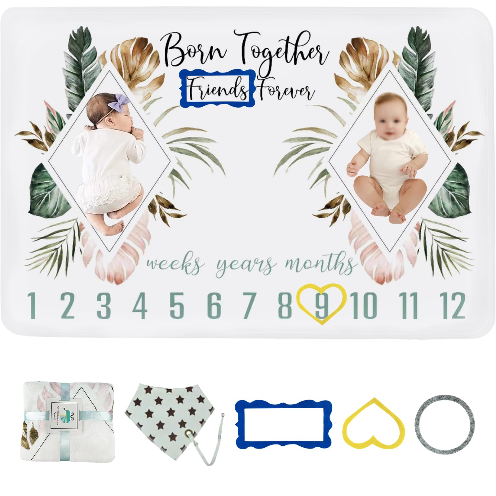 wocharm Baby Milestone Mat Blanket photo prop with floral numbers Newborn Boy Girl Gift(Twins Prismatic), 40in x 60in
