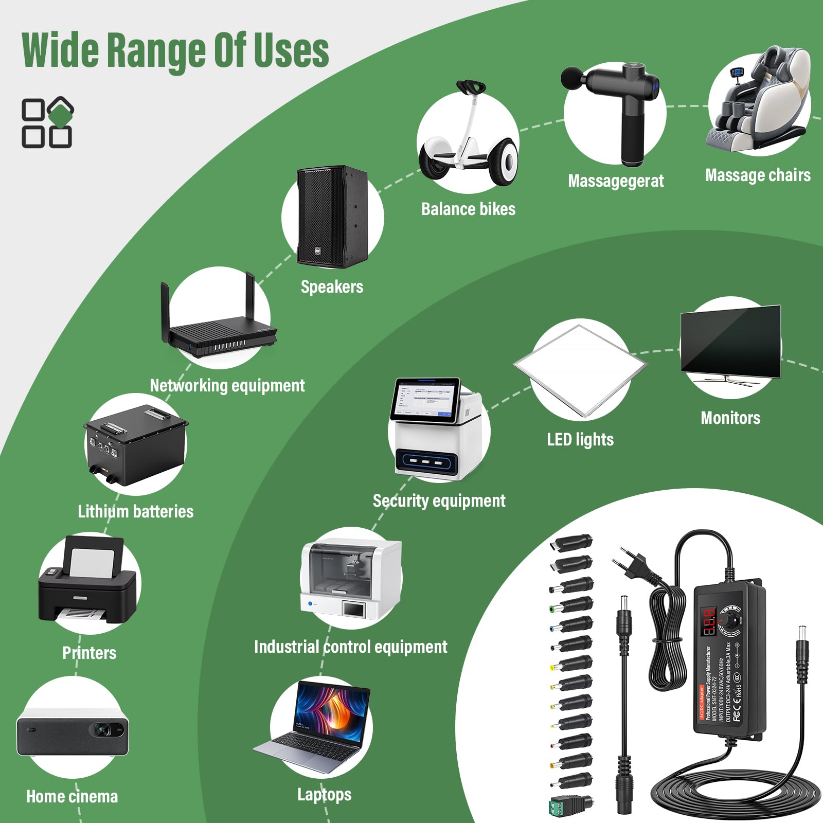 24 V Alimentatore Universale 72 W AC/DC Adattatore di Alimentazione Regolabile con 14 punte DC e Cavo di polarità inversa Caricabatterie universale per elettronica, 3000 mA Max.
