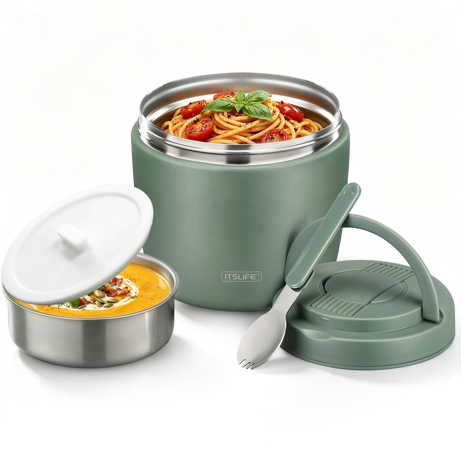 32oz Insulated Soup Thermo, Vacuum Stainless Steel Food Jar for Hot & Cold Food, Leakproof Wide Mouth Lunch Container with Spoon, Green