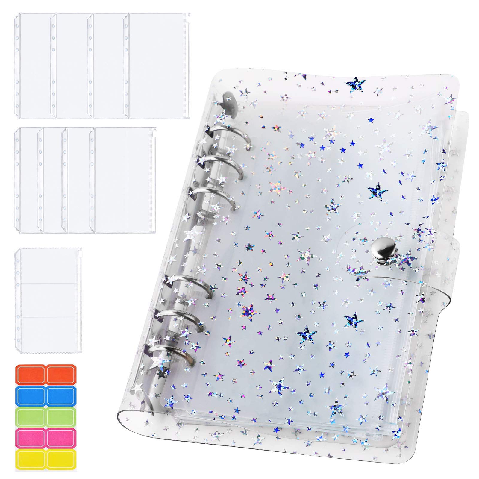 A6 Binder Pockets with Notebook Cover, Badve PVC Budget Binder Cover and 9pcs Binder Pockets/1pc Binder Card/1pc Label Sticker for Cash Envelopes, Bill Planner, Card Management - Sliver Stars