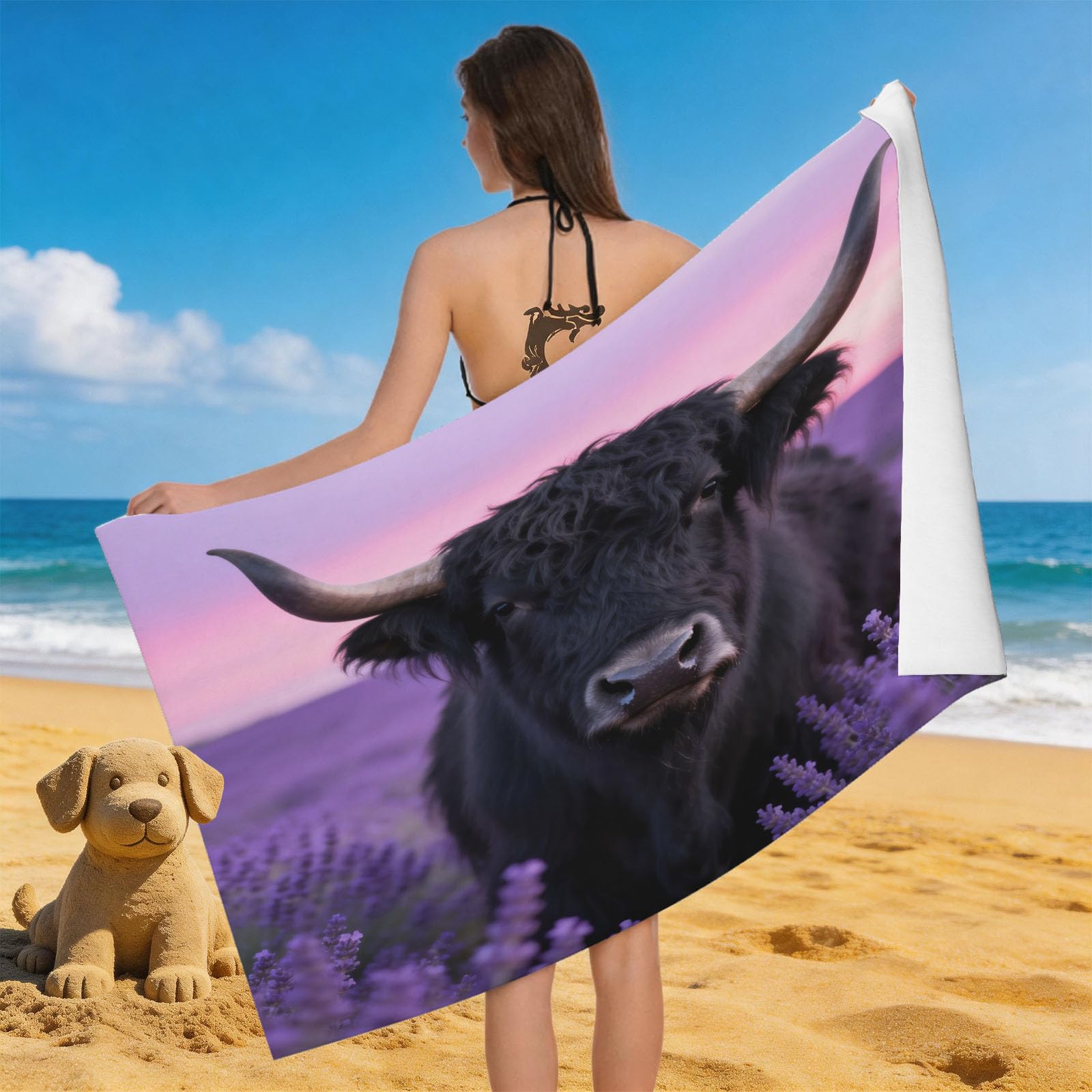 Leichong 3D Highland Cow Beach Towel Microfiber Soft Quick Dry for Adults, Highland Cow Bath Towel Lightweight Soft Absorbent for Travel Swimming Pool Sports, 75 x 150 cm