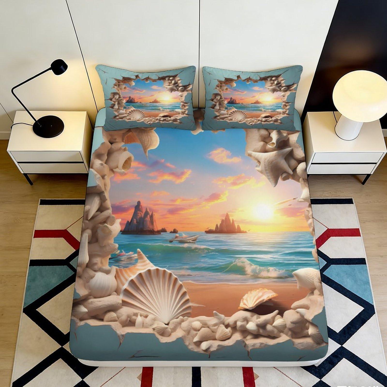 3D Printed Sunset Beach Fitted Sheet Microfiber Soft Seashell Ocean Mattress Cover for Bedroom Dorm Decor 90x200x25cm