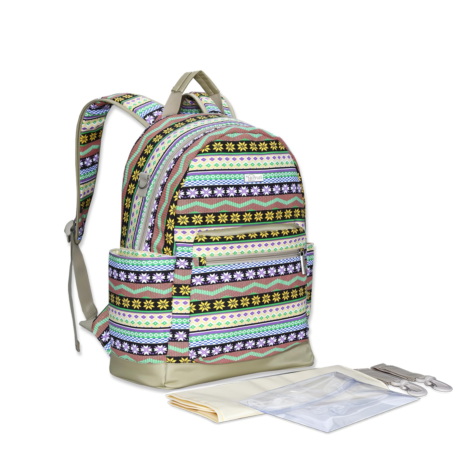 SONARIN Stile Etnico Zaino Fasciatoio,Grande Capacità Borsa per Pannolini Zaino Mamma Neonato Borsa Fasciatoio da Viaggio Portatile con Fasciatoio & Ganci per Passeggino(Giallo Maya)