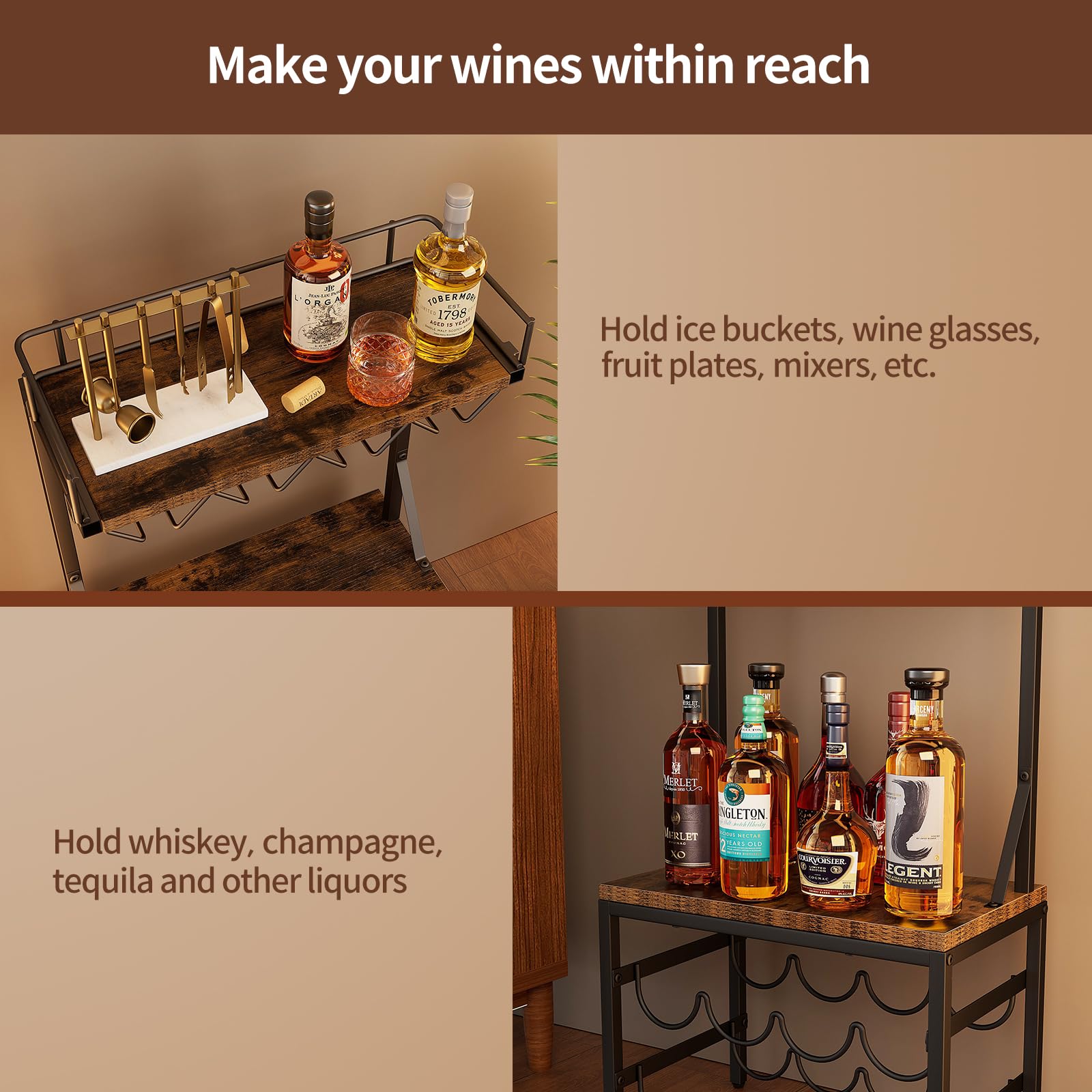 Nuovoware 3-poziomowa szafka na alkohol z uchwytem na butelkę, mini bar uniwersalny wolnostojący stojak na wino z blatem i 8 uchwytami na kubki, retro brązowy+czarny