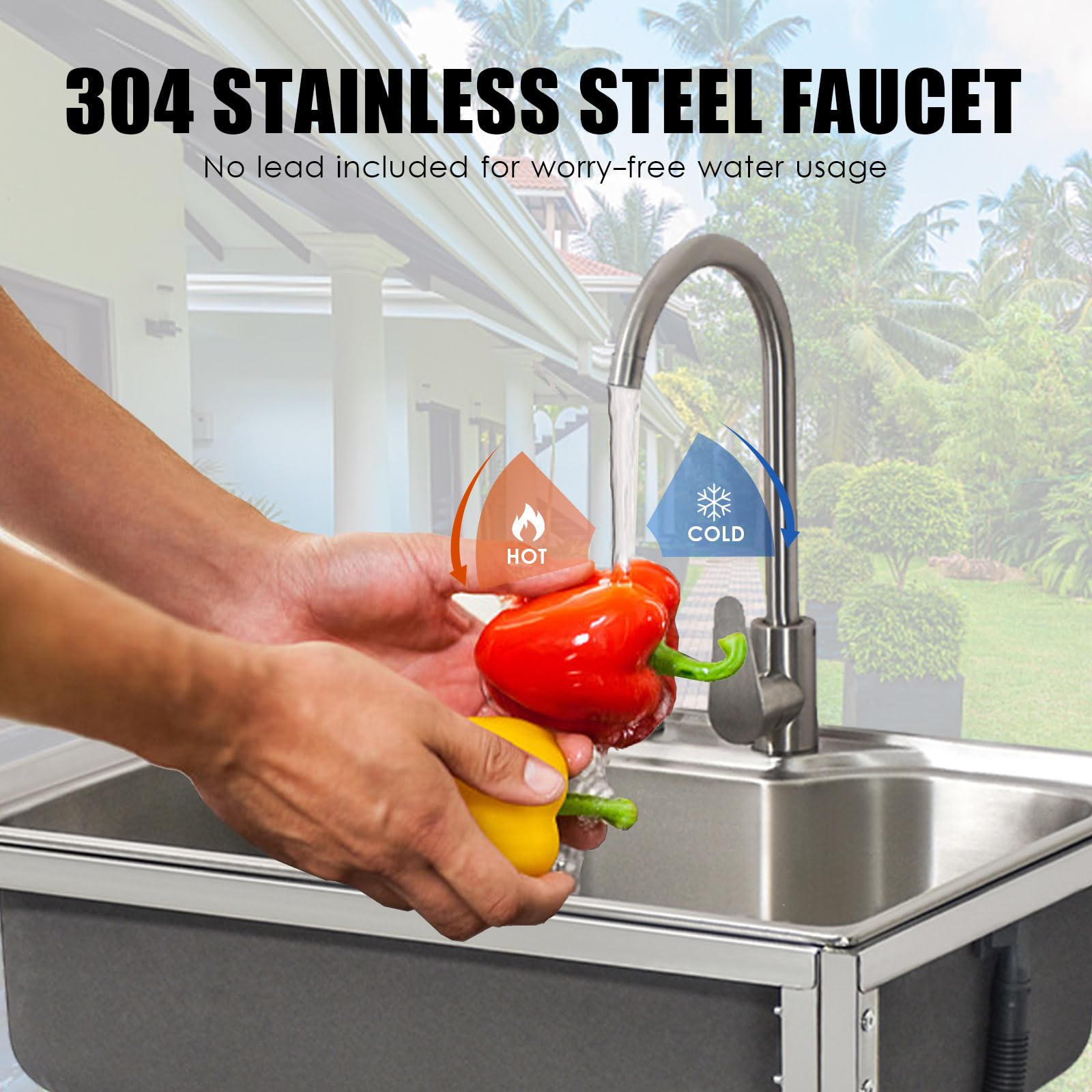 Freistehendes Outdoor-Spülbecken aus Edelstahl 304 mit Einzelbecken, Kalt- und Warmwasseranschluss sowie Wasserhahn für Gewerbeküche, Bad, Restaurant, Landhaus, Wäscherei und Cater