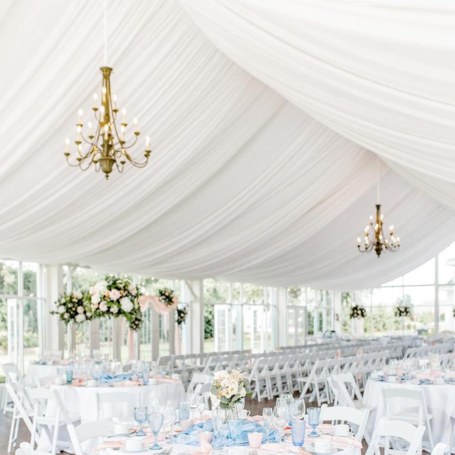 8 Panel White Ceiling Drapes - Premium Polyester Wedding Arch Draping Fabric - 5ftx40ft - Party & Ceremony Stage Swag White 60"W x 480"L (Pack of 8)