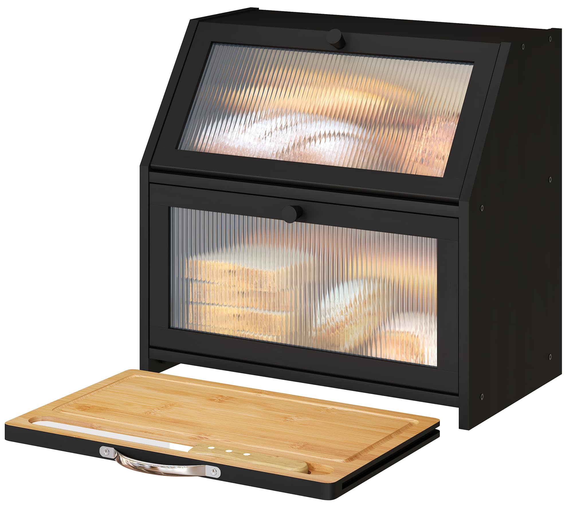 Bread Box with Cutting Board, Balck Bamboo Wood Bread Box, Large Bread Box for Kitchen Counter, Double Layer Black Bamboo Wooden Large Capacity Bread Storage Bin with Acrylic Door Panel