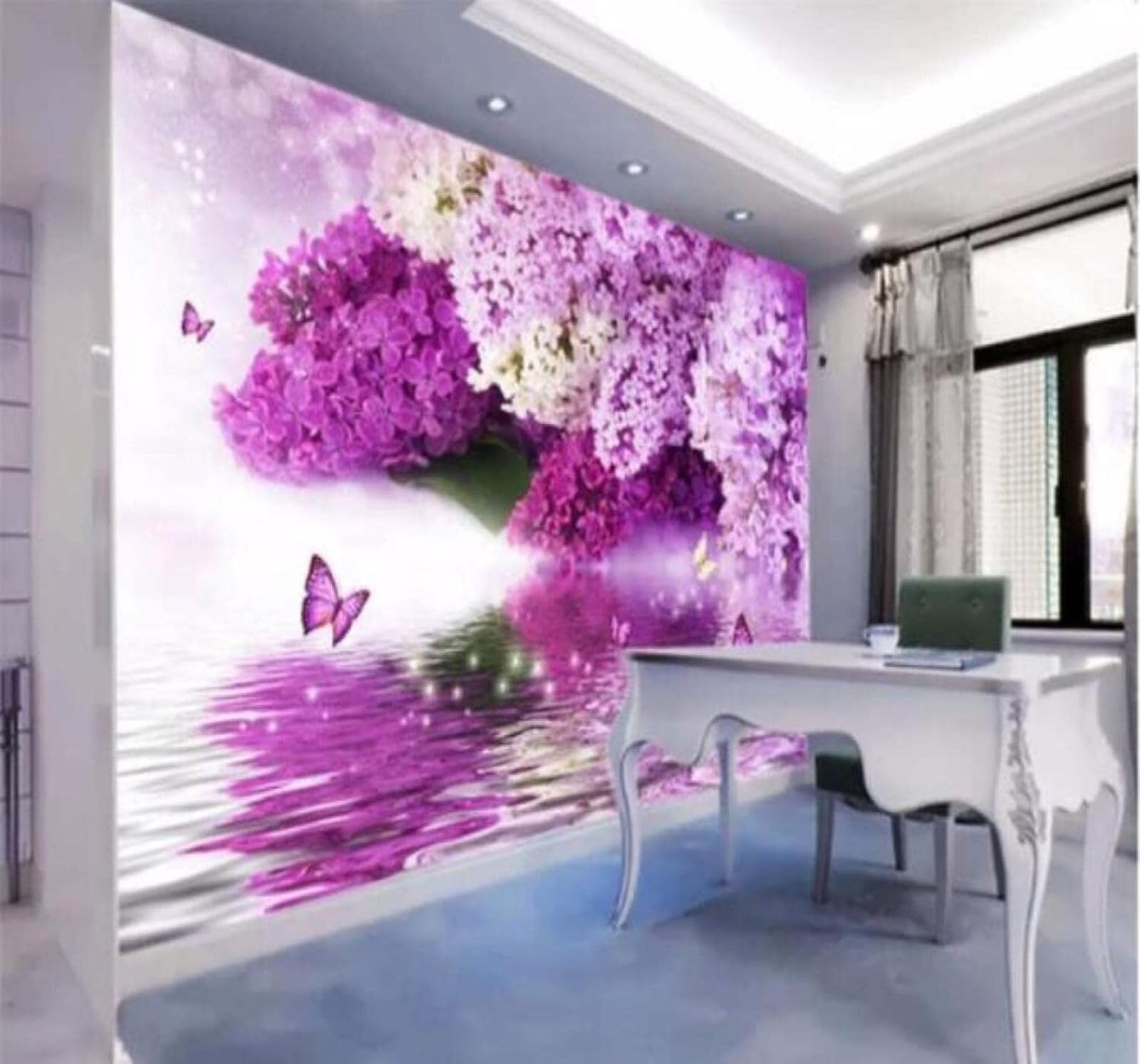 Papier Peint 3D Esthétique Violet Fleurs Reflet Papillon