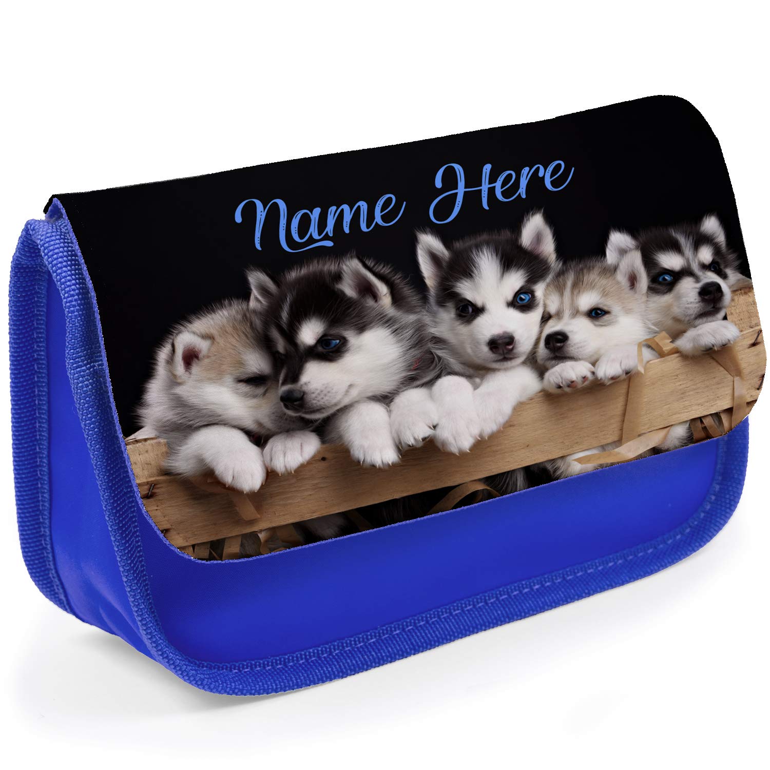 KRAFTYGIFTS Personalised School Pencil Case Cute Husky Puppy Girls Stationary Bag SH130 (Blue)