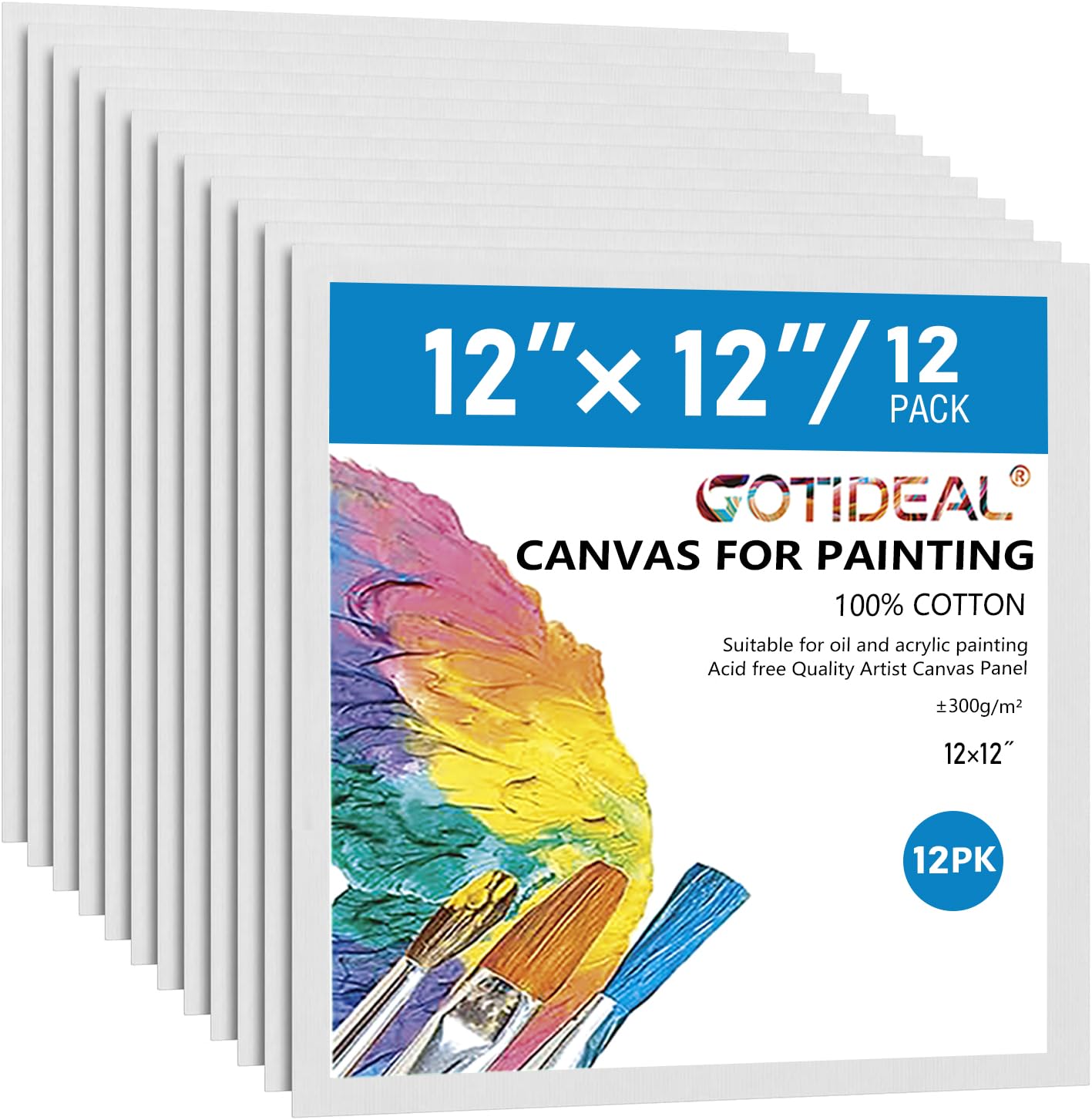GOTIDEAL Canvases for Painting, 12x12 inch of 12, Professional Primed White Blank Flat Canvas Panels- 100% Cotton Artist Canvas Boards for Acrylics Painting, Oil Watercolor Tempera