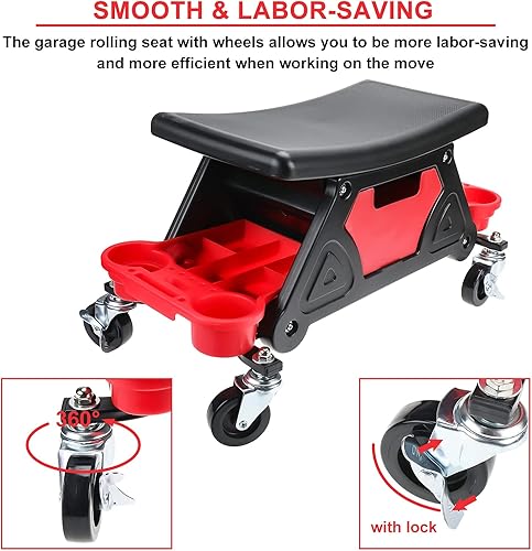 Miniatura 5 de Toolly Taburete mecánico con ruedas, capacidad de 300 libras, asiento de garaje con cajón de almacenamiento extraíble para trabajos de frenos,