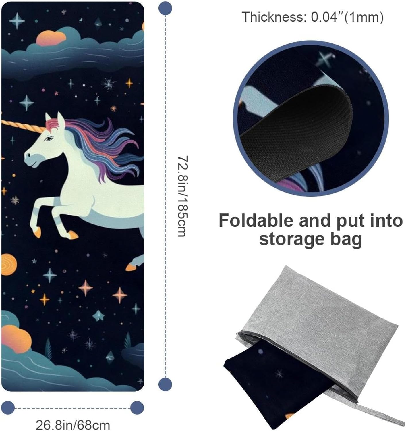 Yoga Towel, Galaxy Unicorn Pattern Non Slip Sweat Absorbent Hot Yoga Mat Towel for Hot Yoga, Pilates and Fitness - 72.8" x 26.8"