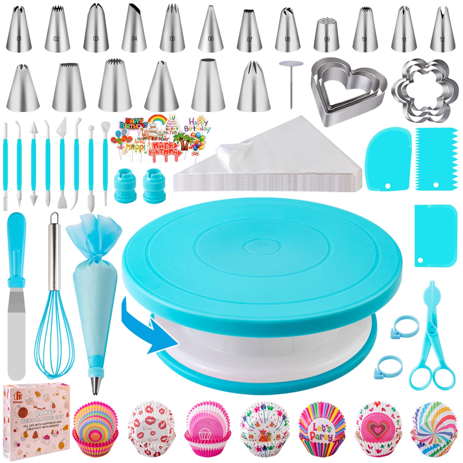 Nifogo Professional Pastry Tools Cake Decorating Kit 285 Pcs, Set of 285 Pieces with Turntable Cake, Nozzles, Pastry Bag, Spatula, Cake Accessories, E-book