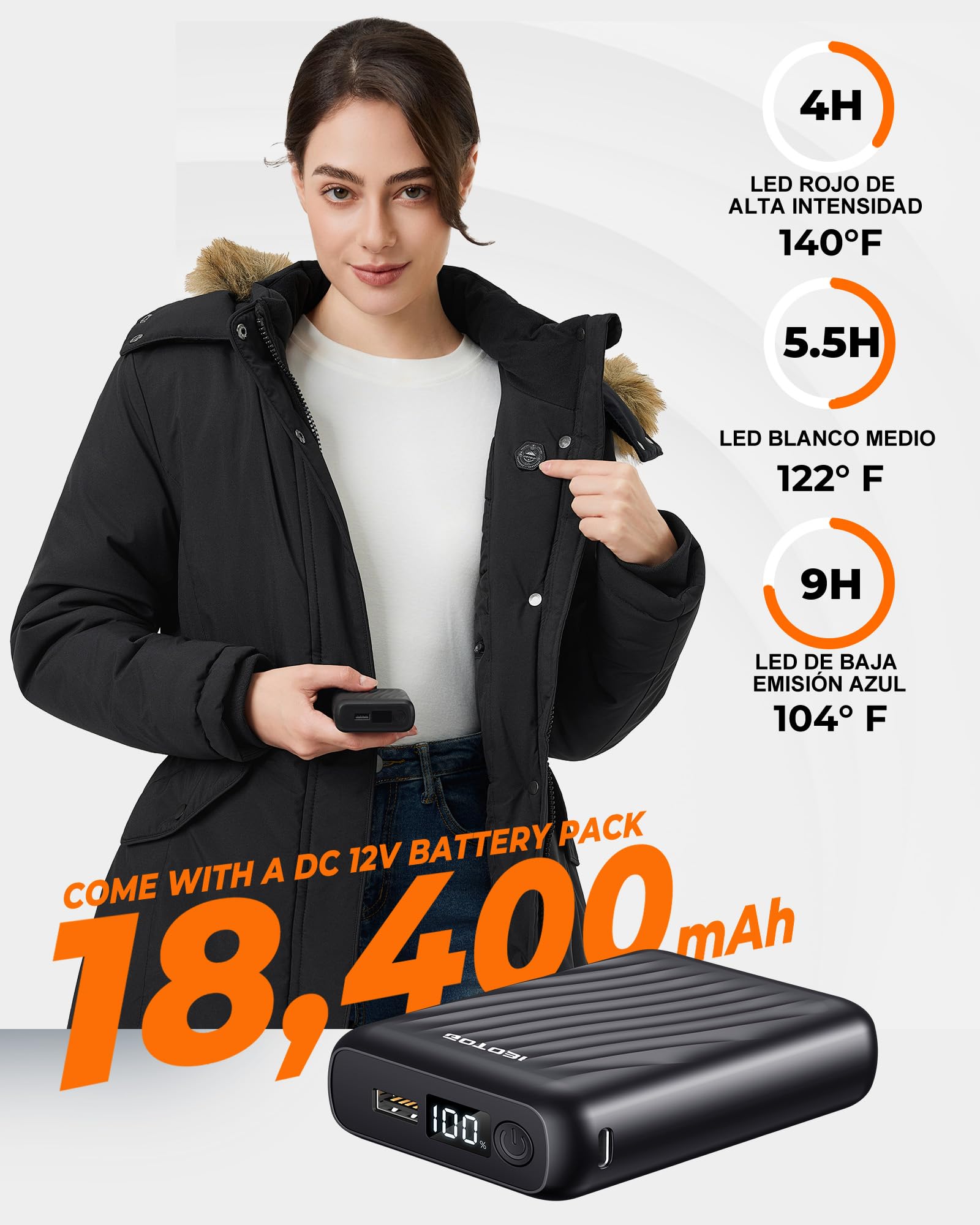Chaqueta Calefactable Mujer Con Batería De 12V 18400 Mah, 8 Zonas De Calentamiento con 3 Niveles de Temperatura, Chaqueta Cortaviento y Cálido de invierno con Capucha de ExtraíBle,Negro,S