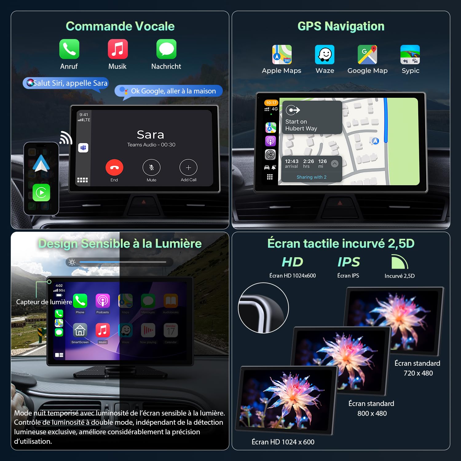 Schermo CarPlay Auto 9" compatibile con Apple CarPlay e Android Auto wireless, SuperLink e AirPlay doppio mirroring, dashcam 4K + retrocamera 1080P, registrazione in loop, 64GB inclusi, Bluetooth