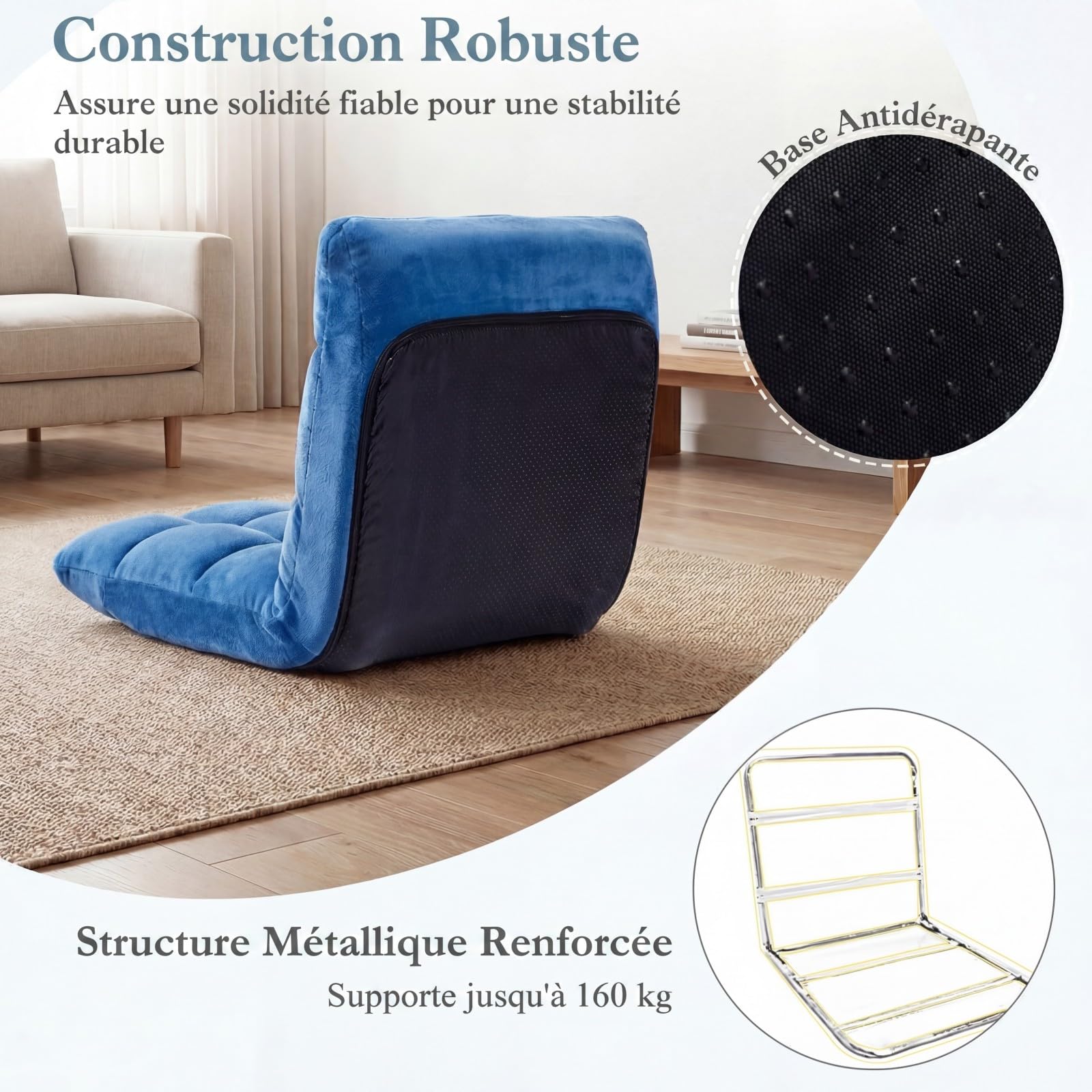 COSTWAY Canapé Paresseux Chaise de Sol, Fauteuil Convertible en Flanelle Dossier Réglable 14 Positions, Chaise de Méditation/Jeux Vidéo, pour Coin Lecture, Salon, Enfant/Adulte, Bleu