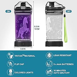 YuanDian Light Up Kids Water Bottle with 3D LED Light- 14 OZ Tritan BPA Free - 7 Color Light Cool Drinking Cups Gift for School Kids Girl Child (Unicorn)