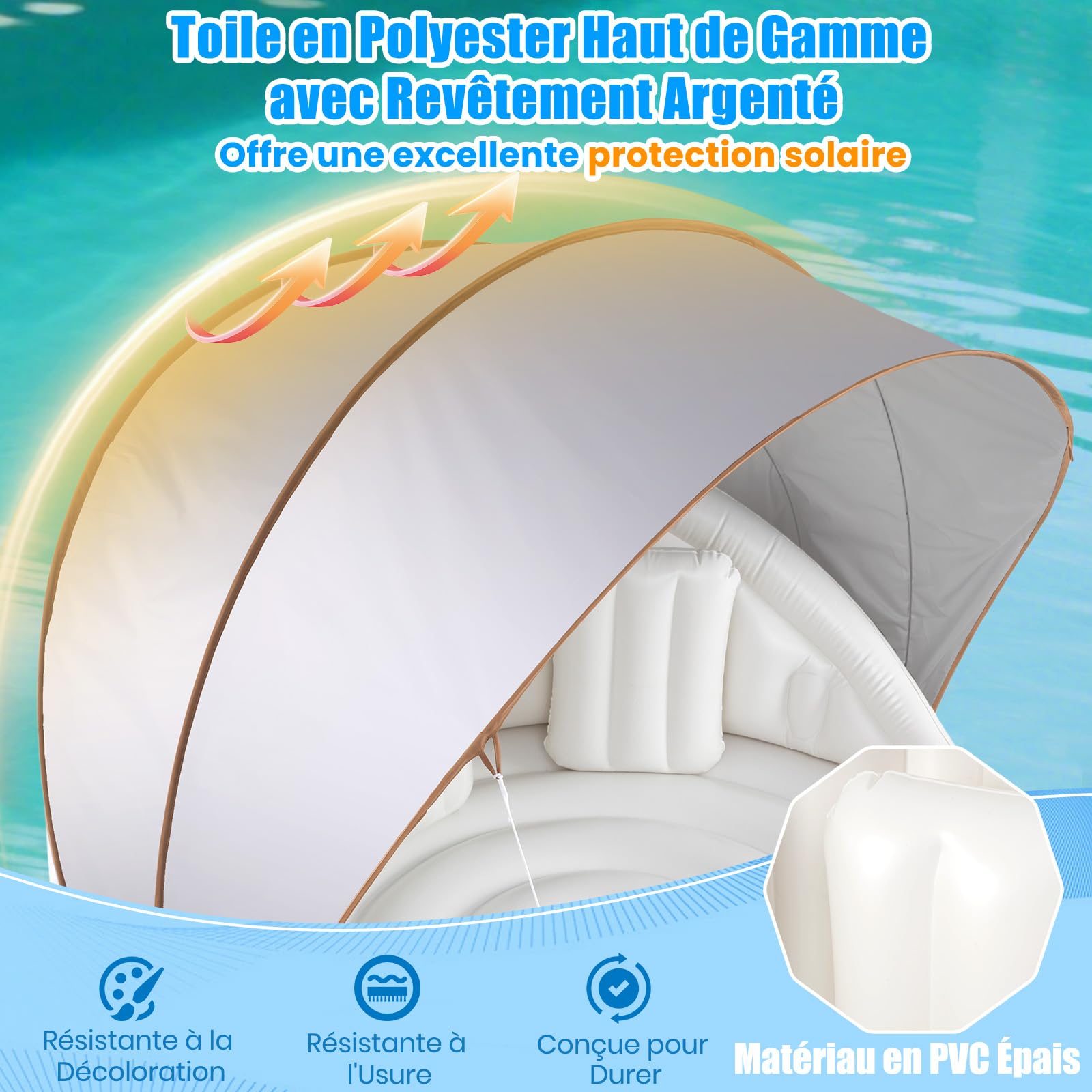 GYMAX Matelas Piscine Gonflable avec Auvent Détachable pour 2-3 Adultes