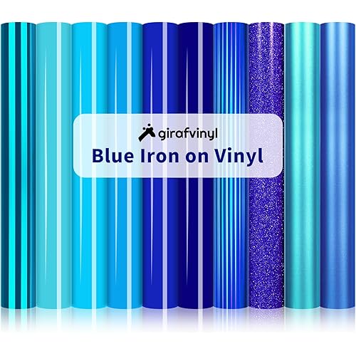 GIRAFVINYL Blue Iron on Vinyl - 10 Sheets Blue HTV Vinyl Heat Transfer for T-Shirt, Easy to Weed,12” X 10”