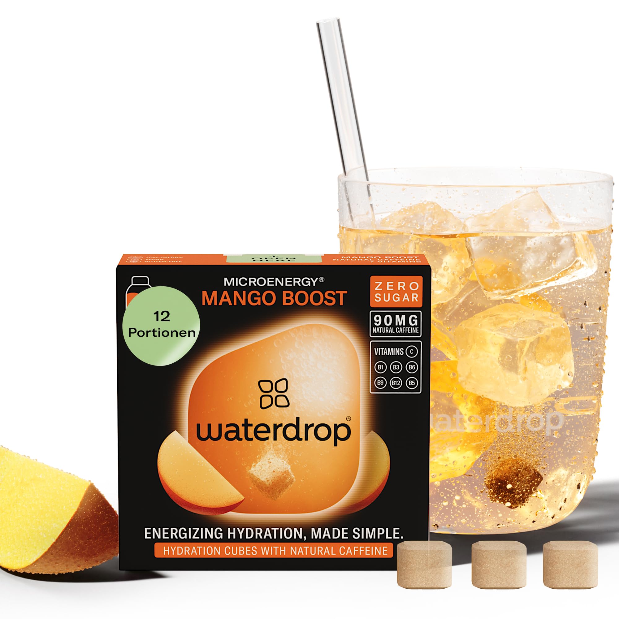 waterdrop® Microenergy MANGO, Energy Drink Pulver, 12 Würfel Getränkepulver, MANGO Geschmack, Zuckerfrei & Kalorienarm, Mit 90 mg Natürlichem Koffein, Vitamin C & B – Flavour Drops