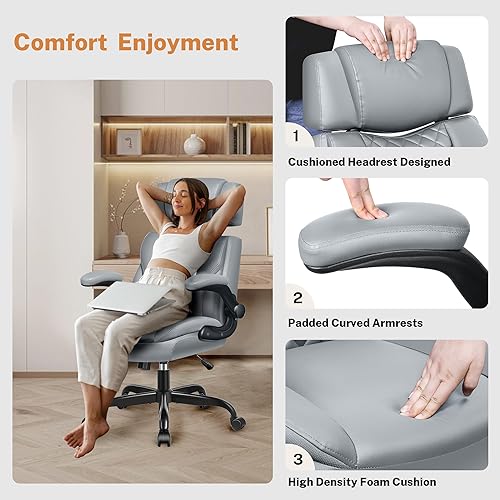 Miniatura 5 de Silla de Oficina con Brazos Abatibles, Silla Ejecutiva de Cuero para Oficina Ergonómica con Soporte Lumbar, Reposacabezas Ajustable, Silla de