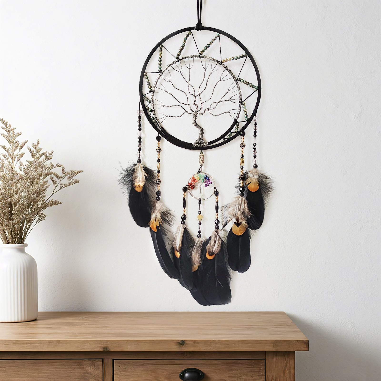 Donko Black Large Dream Catcher Wall Decor Crystal Tree of Life Dream Catchers Handmade Feather Dreamcatcher Wall Hanging Ornament for Bedroom Living Room Home Decor - Image 4