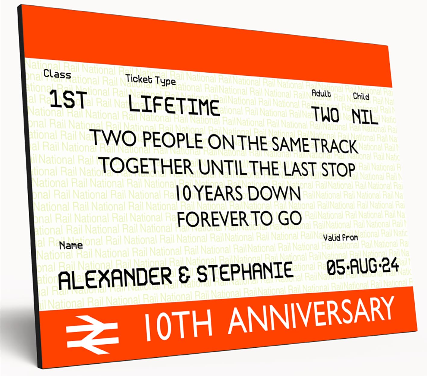 Personalised UK Train Ticket Wooden Wall Art Custom Names Dates Text for Weddings Anniversaries Valentine's Day (Anniversary)