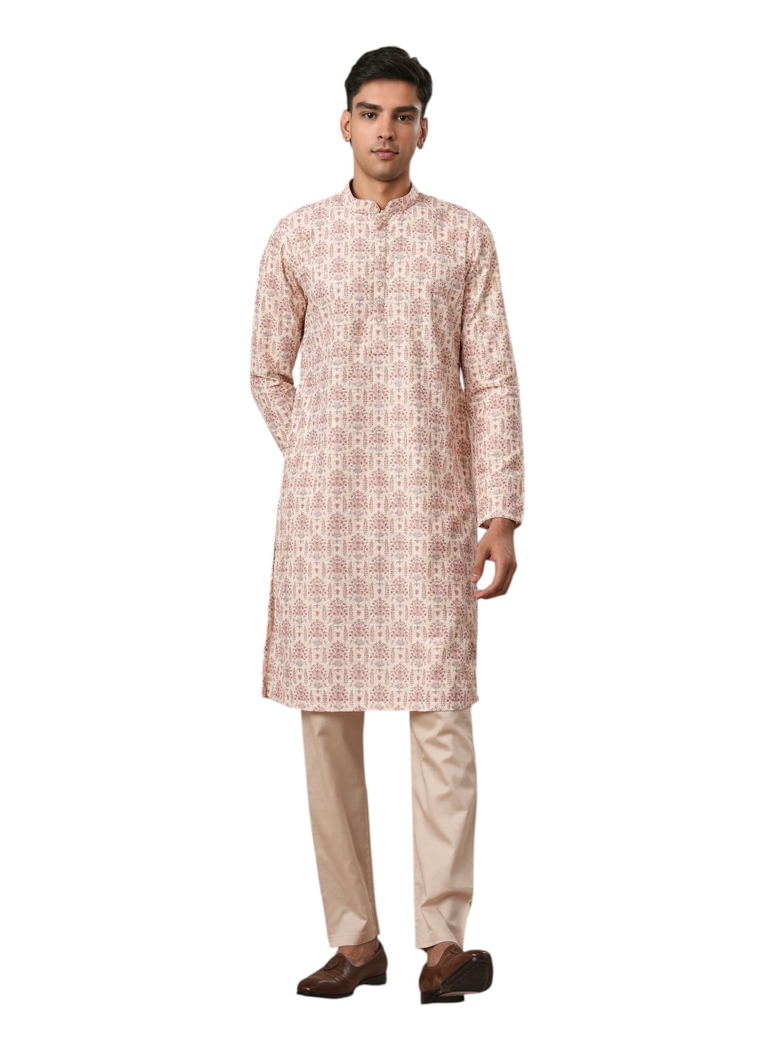 manyavar Men's Blended Cotton Printed & Sequinned Long Kurta Pyjama Set (2pcs)-picture-39
