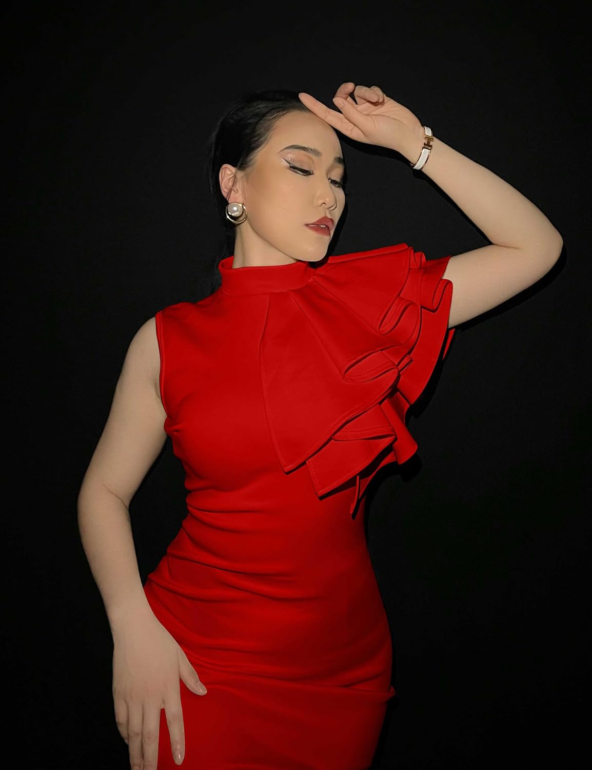 Memoriesea Women's Ruffle Sleeveless Bodycon Knee Length Party Pencil Midi Dress - Image 3