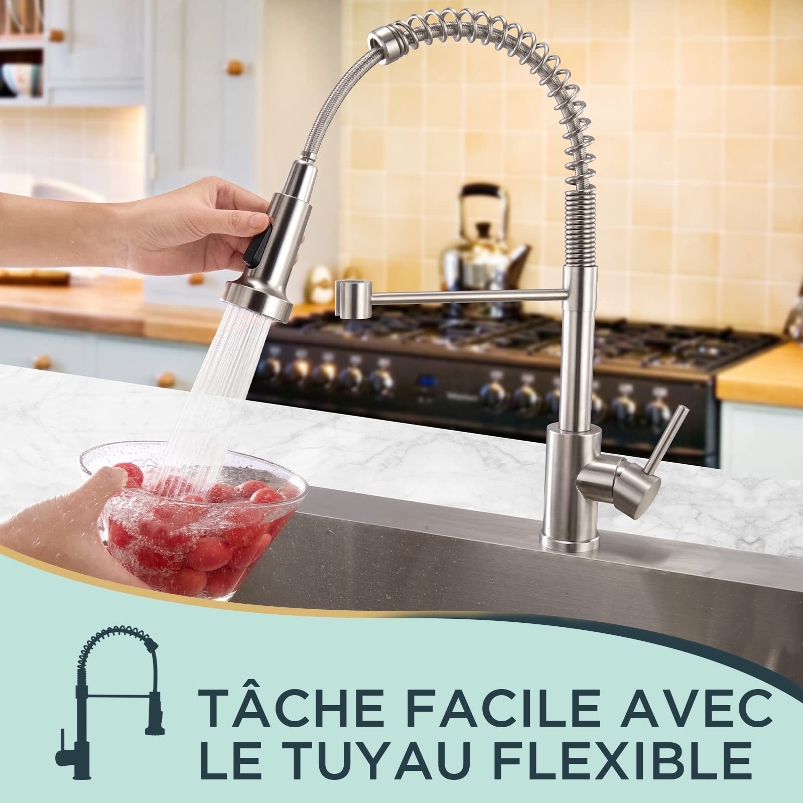 FORIOUS Robinet Cuisine Mitigeur Avec Douchette Pivotant 360° Évier Arc Élevé Pulvérisateur Escamotable 2 Modes Acier Inoxydable