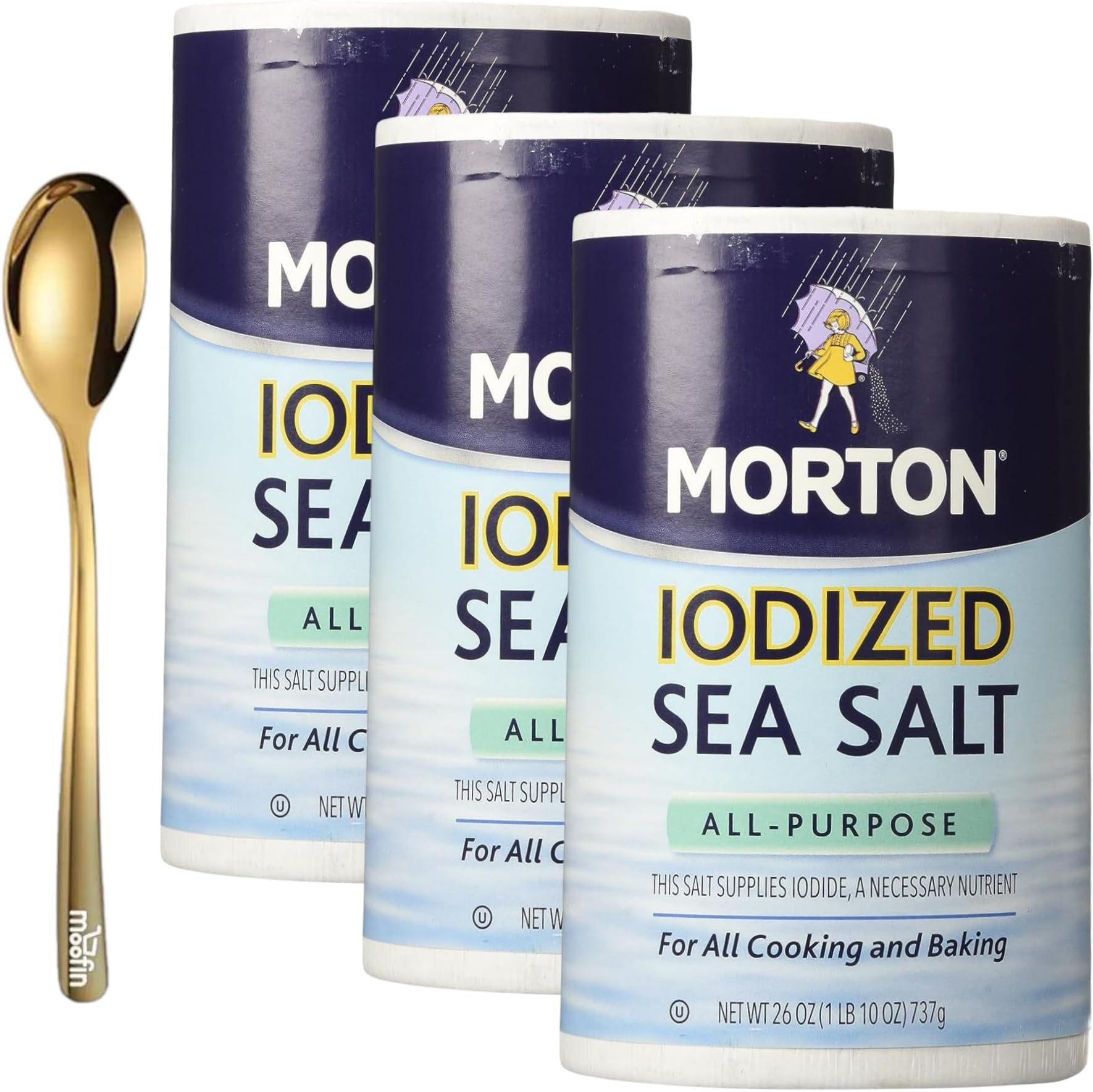 moofinMorton Iodized Sea Salt, 26 oz, Bundled with Golden SS Spoon, Pure & Natural Cooking, Baking, and Seasoning Salt with Iodine, No Artificial Ingredients [Pack of 3]