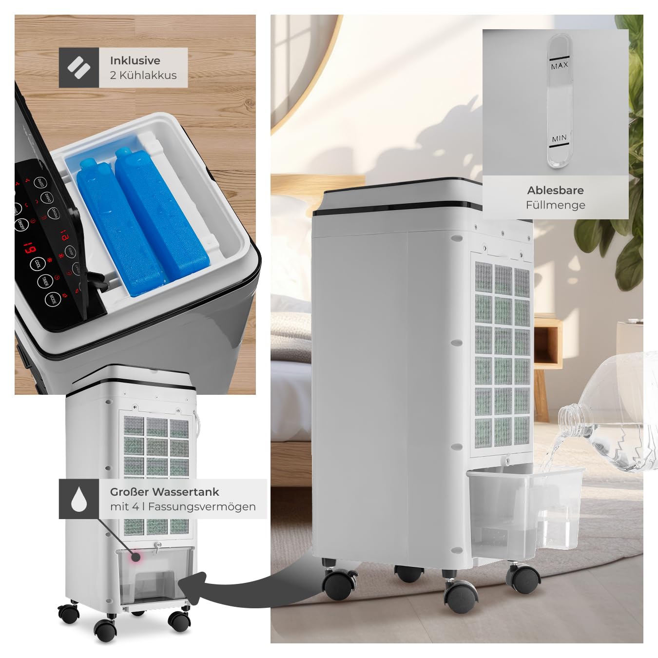 tectake® Mobiles Klimagerät 3in1, Ventilator, Air Conditioner ohne Abluftschlauch, mobiler Luftkühler mit Fernbedienung und Timer, portable Kühlung und Luftbefeuchter für Schlafzimmer oder Büro