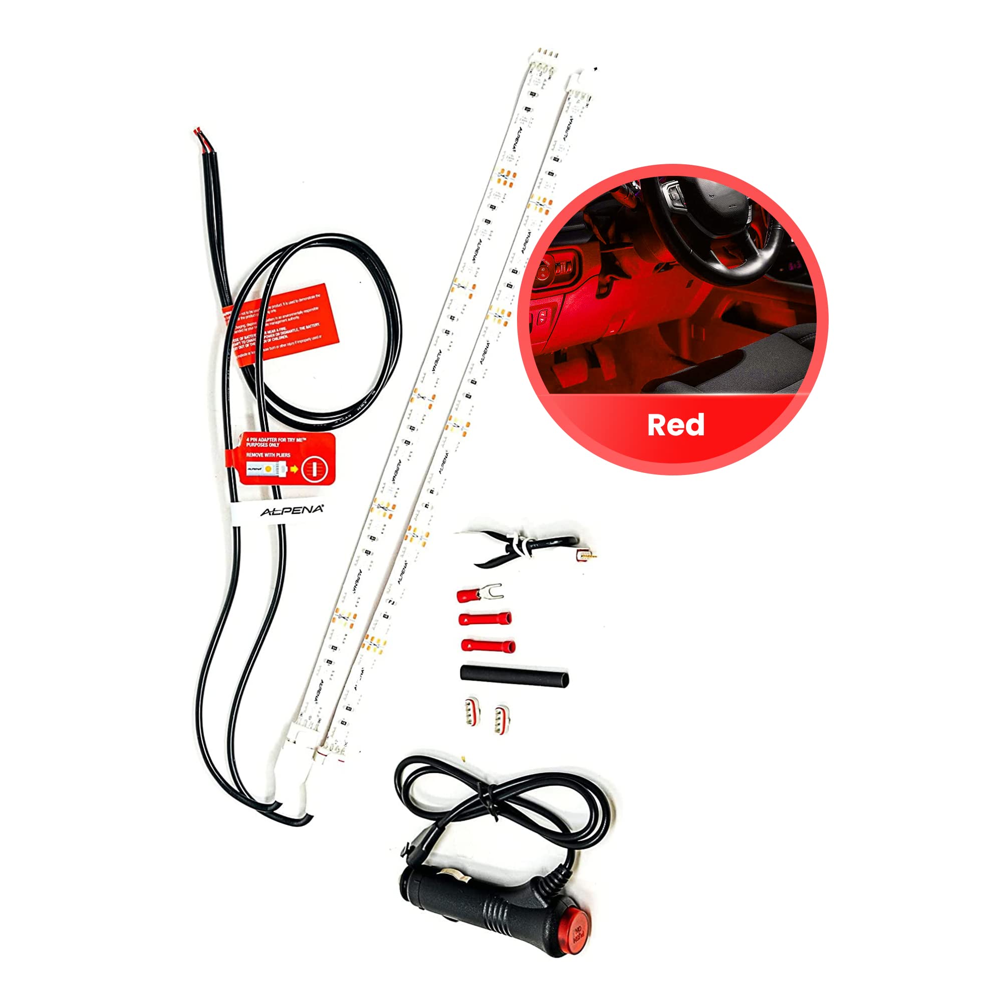 MAX Light Strip Starter Kit LED Lights for Car, Stick-On Exterior and Interior Car Lights, Decorative Lights for Inside Car, Plug and Play, 12V, 2 Strips, 12 Inches, Red - Alpena
