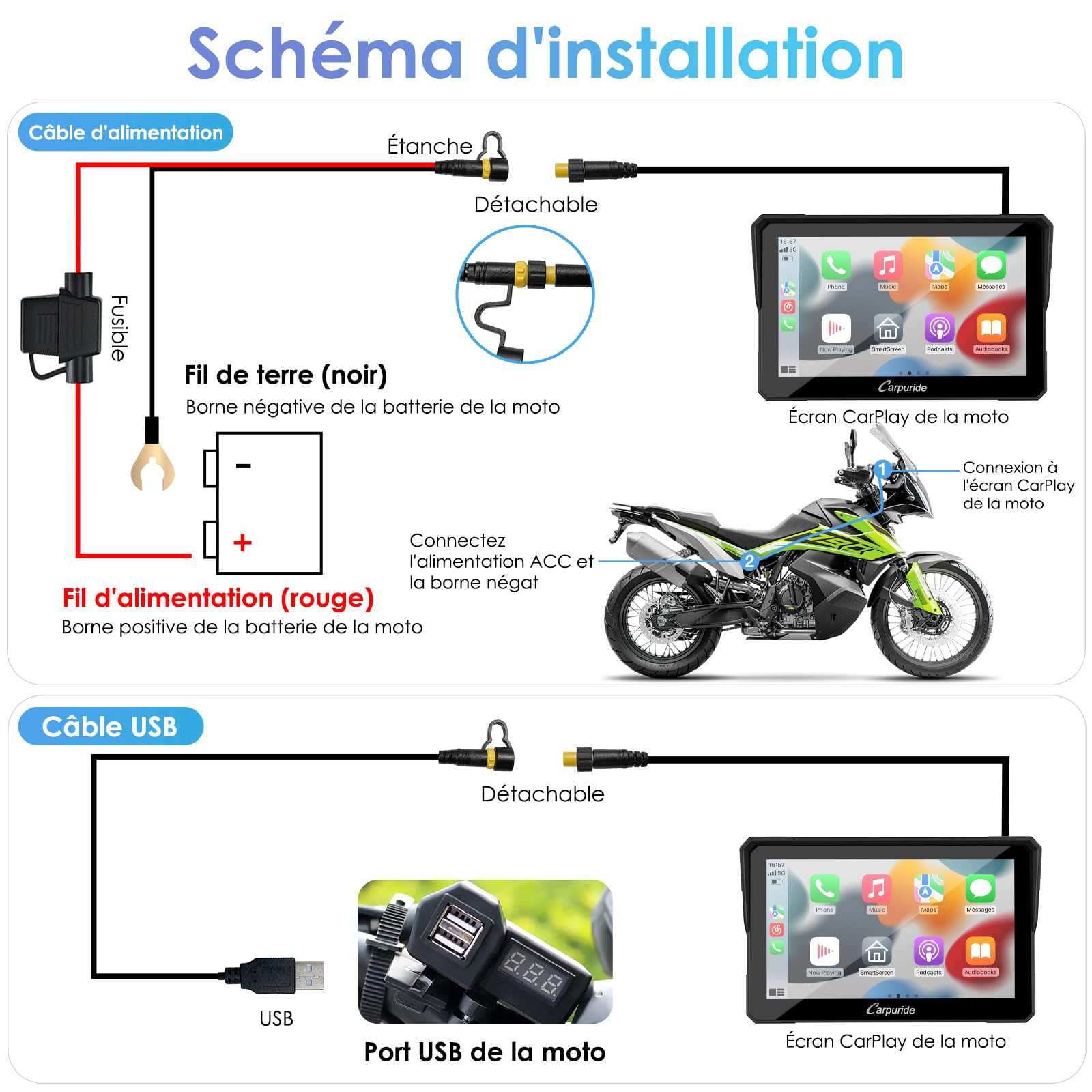 Carpuride W702 Écran GPS Carplay pour Moto, CarPlay sans Fil & Android Auto, Écran Tactile Étanche 7", Double Bluetooth, Navigation, Siri, Béquille Moto réglable en Forme de U