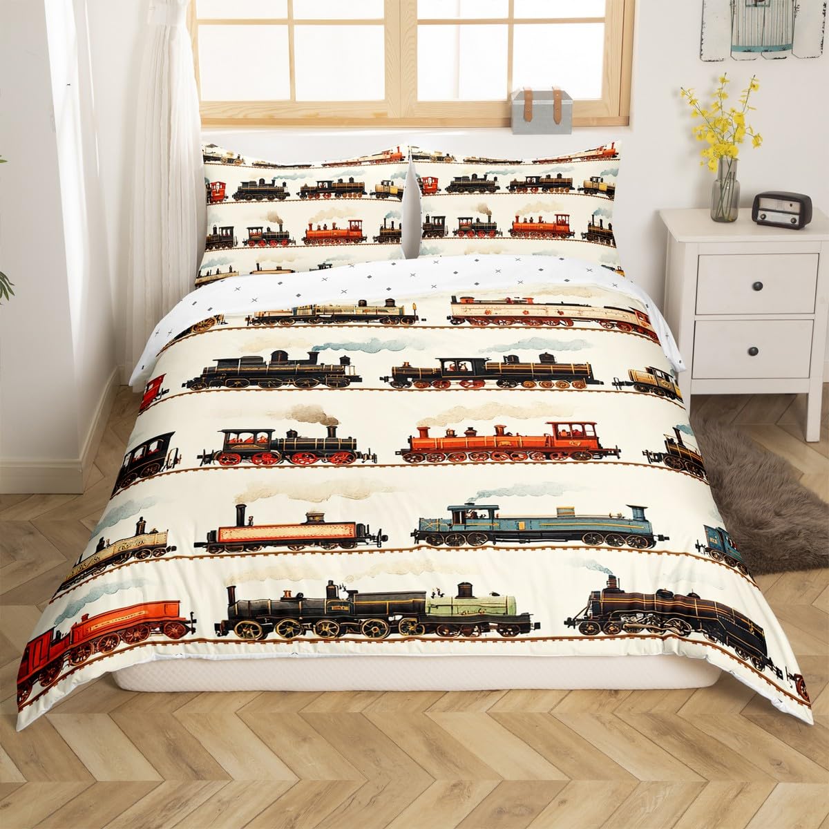 Homemissing Vintage Train Duvet Cover Set Cot Size For Kids Boys Girls Retro Steam Engine Bedding Set Vehicle Train Duvet Cover with 1 Pillowcase Retro Steam Locomotive Bedding โ image 1