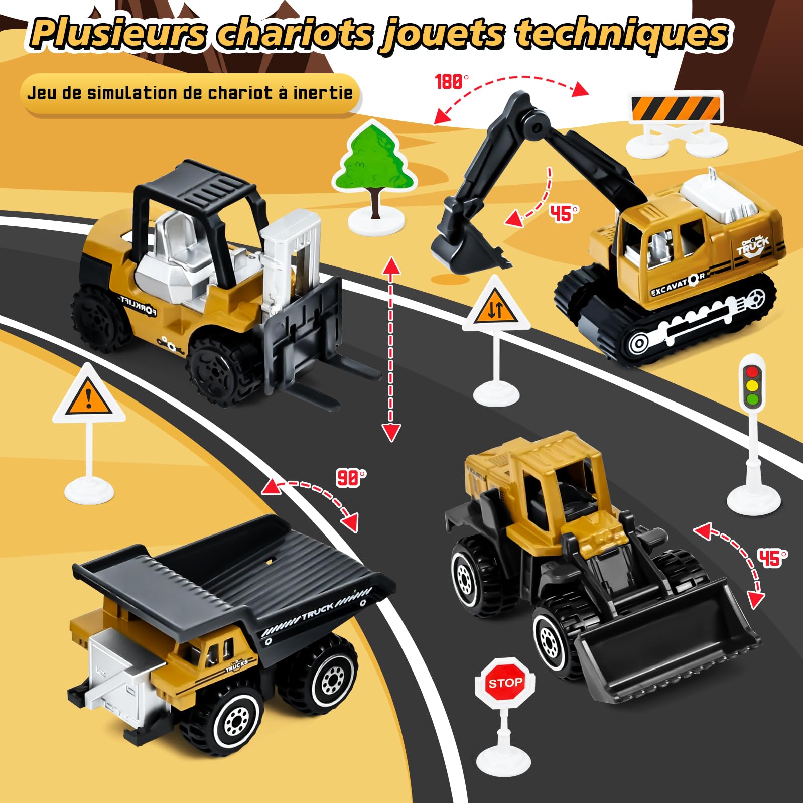 PATEMZON Véhicule Chantier Jouet Enfant, Jouets de Construction Enfants, Ensemble Camions de Chantier avec Son et Lumière, Grue à Tour, Excavateur, Fourchonneuse, Cadeaux pour Garçons 3 4 5 6 Ans