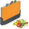 BEWOS 4 Colour Coded Chopping Boards Set, Wheat Straw Cutting Board, Reversible Chopping Board with Stand, Non-Slip Feet Chopping Boards for Kitchens, Juice Grooves & Dishwasher Safe