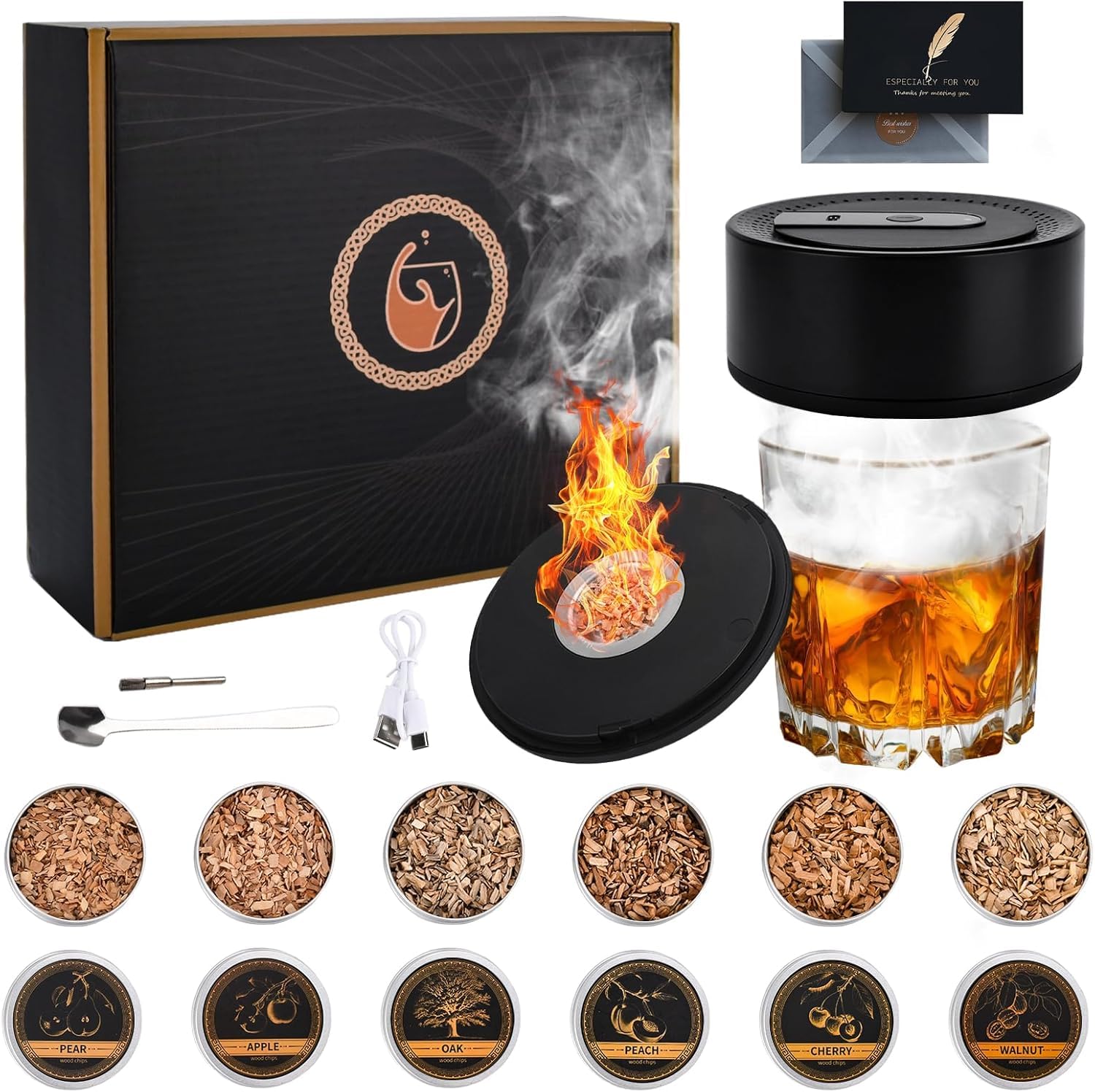 Elektryczny zestaw do wędzenia whisky, ładowalny zestaw do koktajli z 6 wiórami drzewnymi i kartkami, klasyczny zestaw do wędzenia whiskey, prezent Saturn dla ojca, męża i miłośników koktajli