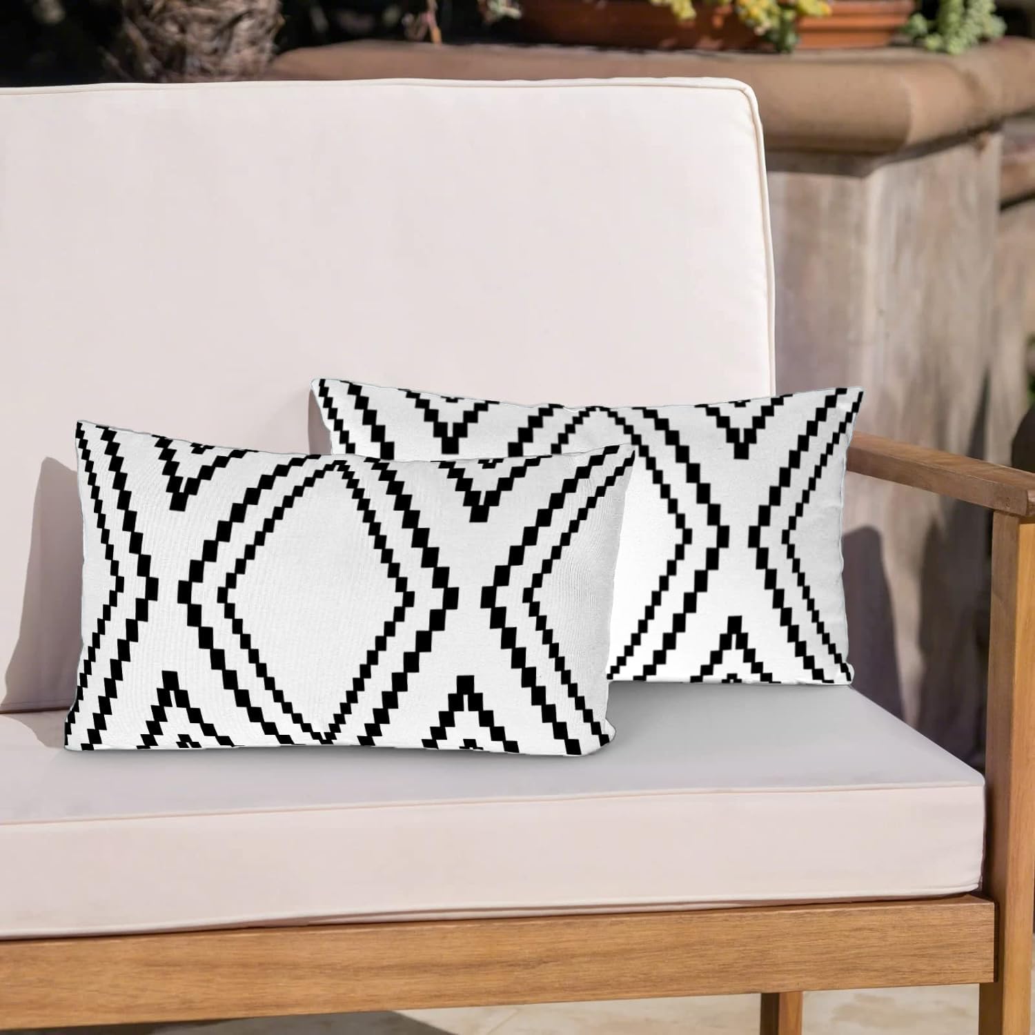 Outdoor Pillow Covers Set of 2, Waterproof Boho Throw Pillow Covers Geometric Pillow Cases for Patio Garden, Black (Black&white-01, 24x24 Inch)