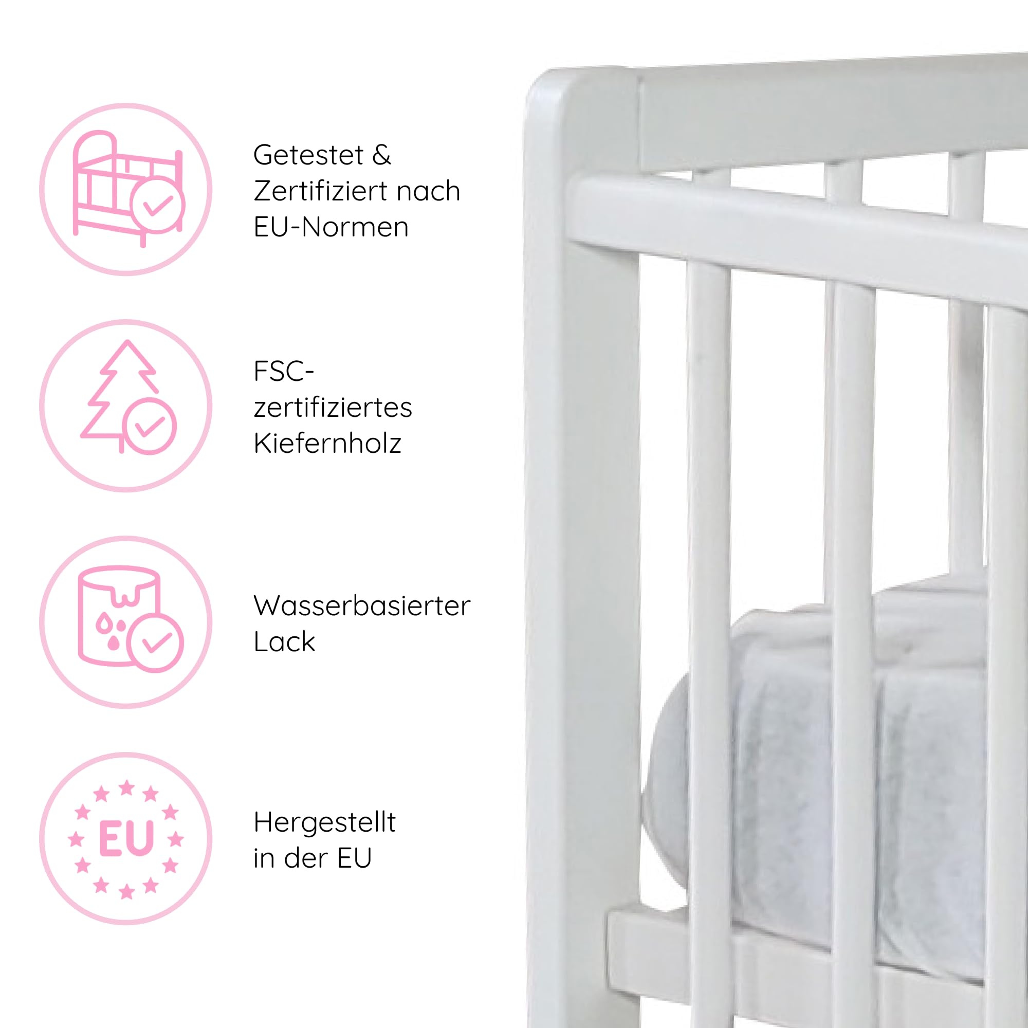 Kids Collective Babybett Kinderbett 60x120 cm Gitterbett Baby Bett Komplett-Set Beistellbett mitwachsend, Lattenrost höhenverstellbar mit abnehmbaren Sprossen, mit Schublade | Kiefer-Vollholz | weiß