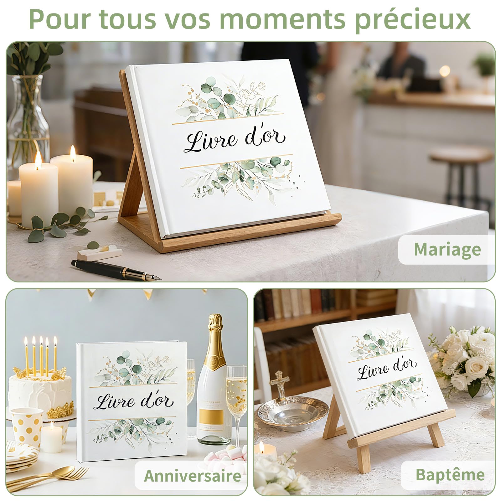 Livre d'or élégant à couverture rigide, 120 pages pour mariage, anniversaire, baptême